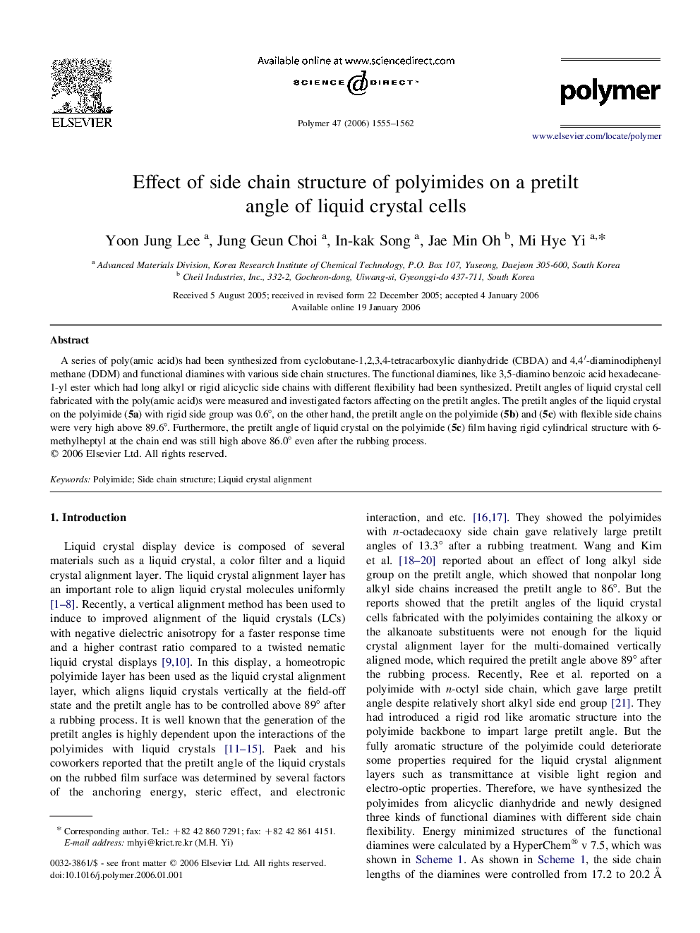 Effect of side chain structure of polyimides on a pretilt angle of liquid crystal cells