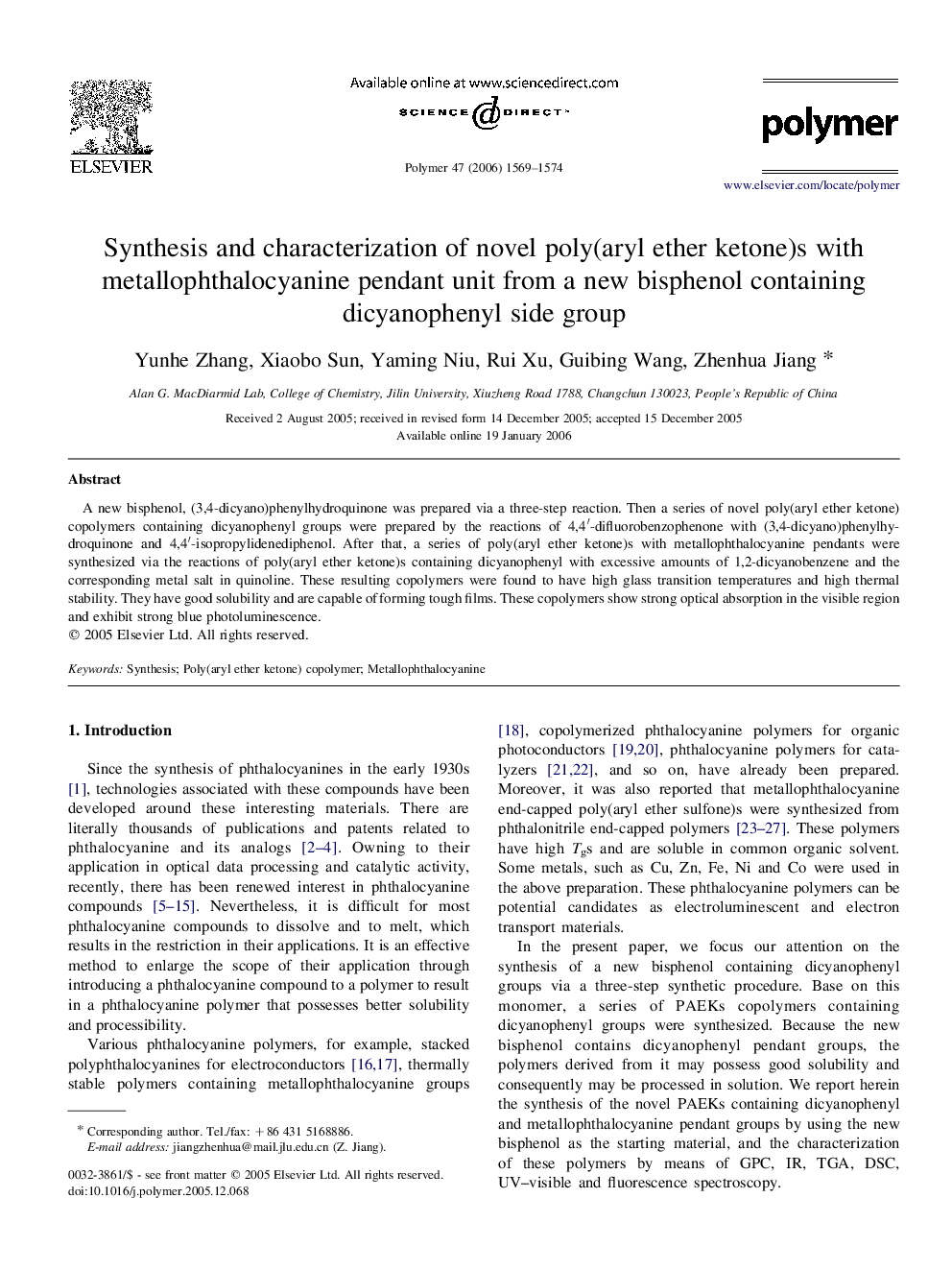 Synthesis and characterization of novel poly(aryl ether ketone)s with metallophthalocyanine pendant unit from a new bisphenol containing dicyanophenyl side group