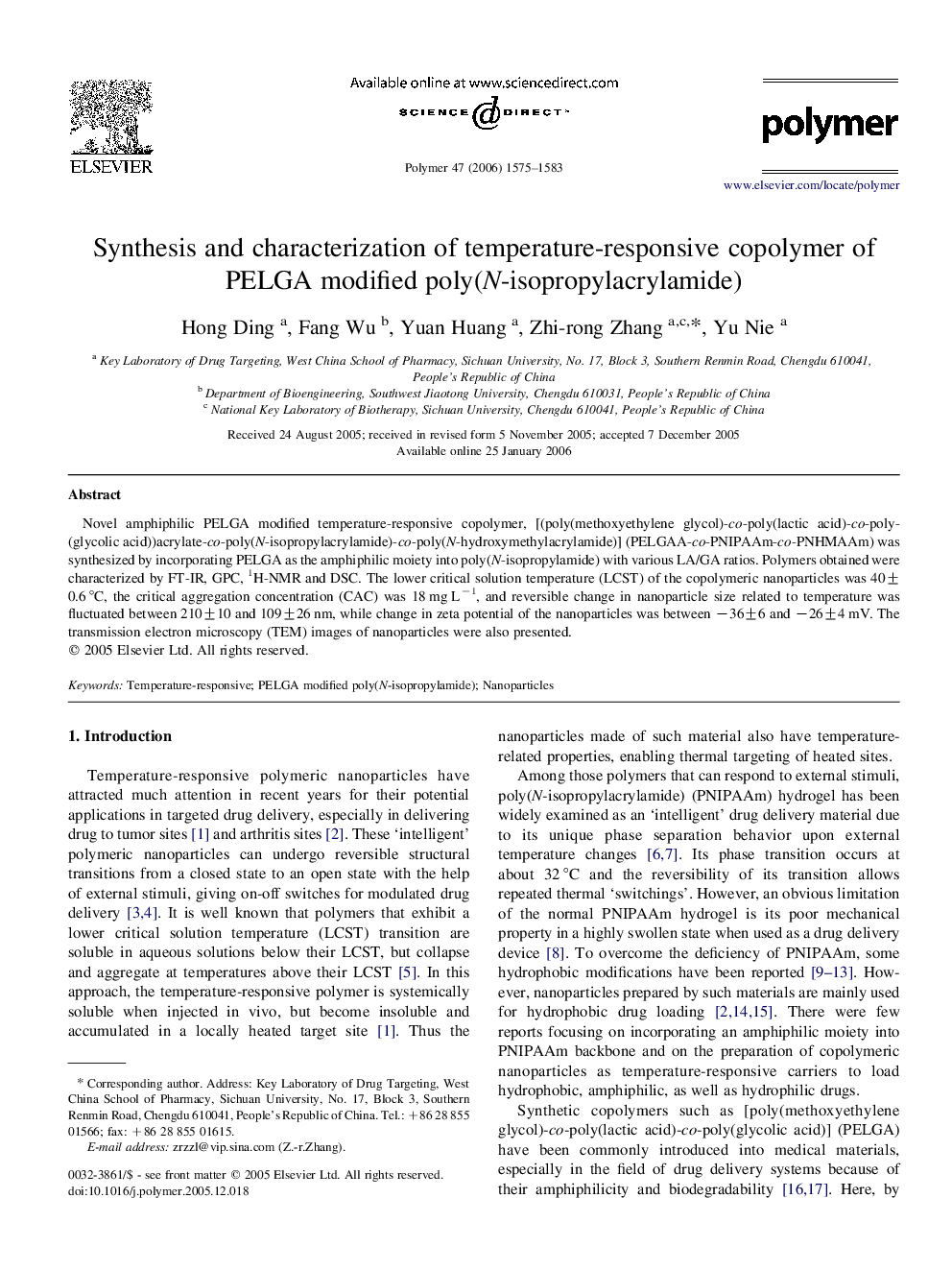 Synthesis and characterization of temperature-responsive copolymer of PELGA modified poly(N-isopropylacrylamide)