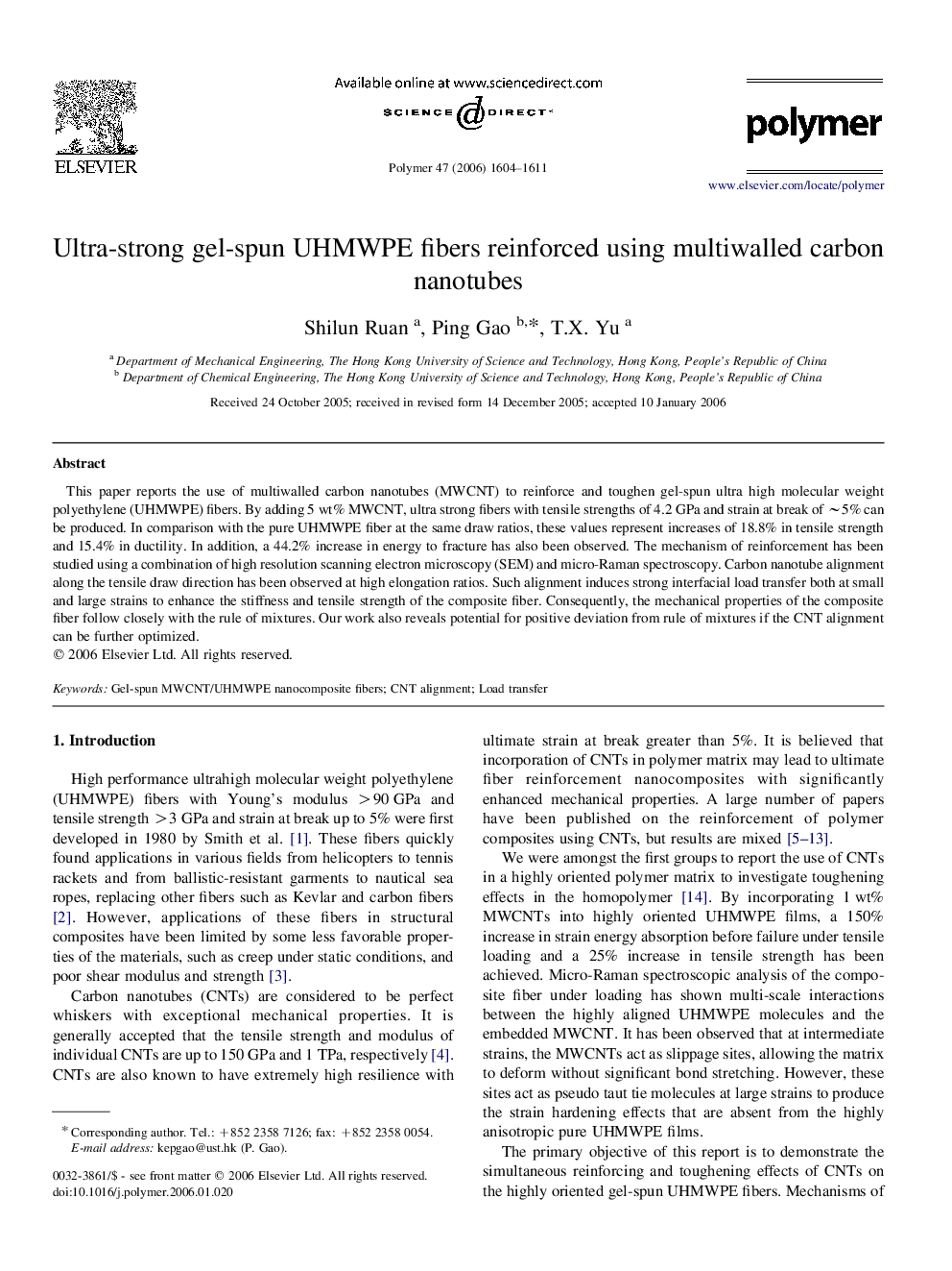 Ultra-strong gel-spun UHMWPE fibers reinforced using multiwalled carbon nanotubes