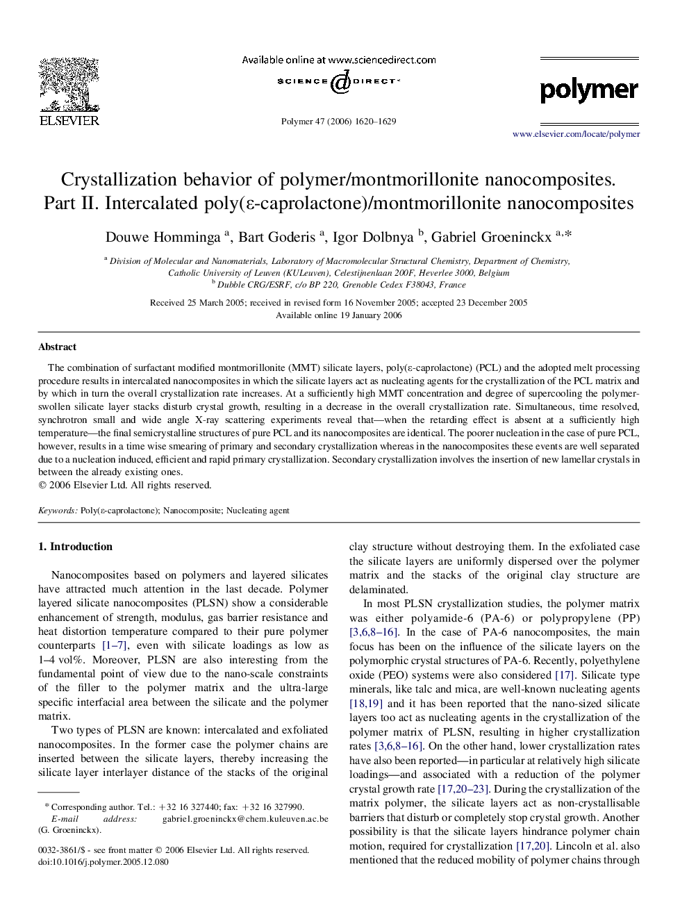 Crystallization behavior of polymer/montmorillonite nanocomposites. Part II. Intercalated poly(Îµ-caprolactone)/montmorillonite nanocomposites