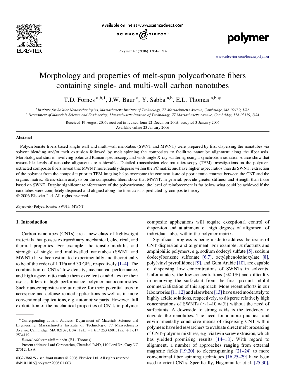 Morphology and properties of melt-spun polycarbonate fibers containing single- and multi-wall carbon nanotubes