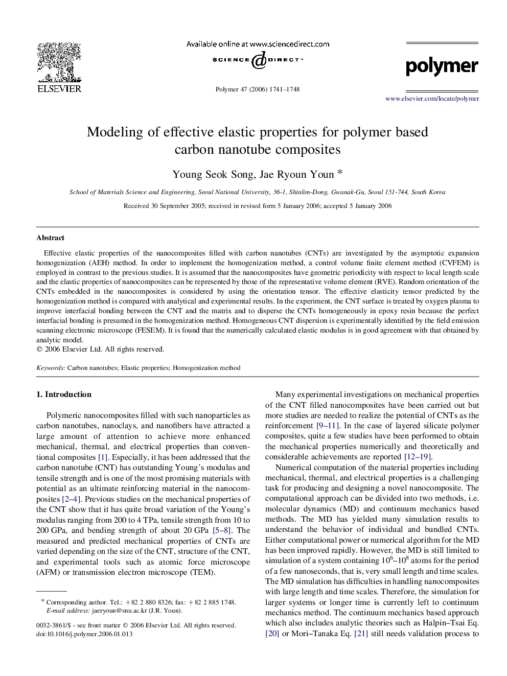 Modeling of effective elastic properties for polymer based carbon nanotube composites