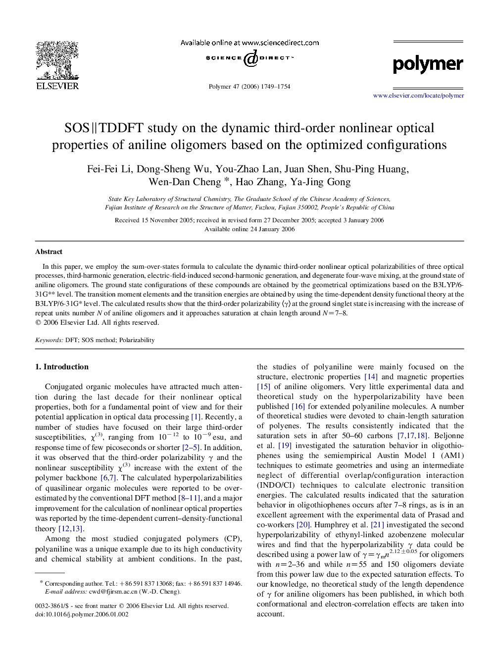 SOSâ¥TDDFT study on the dynamic third-order nonlinear optical properties of aniline oligomers based on the optimized configurations