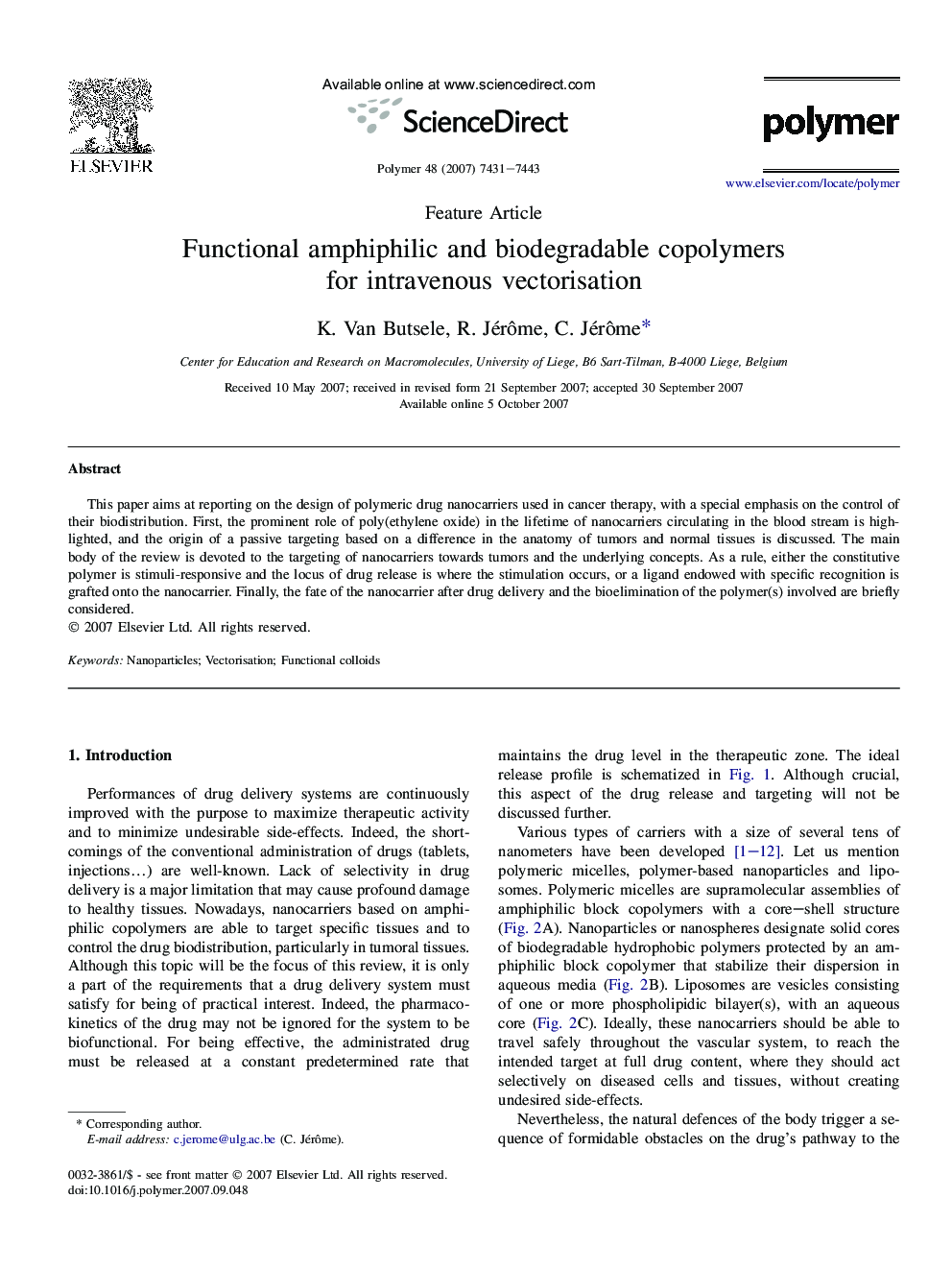 Functional amphiphilic and biodegradable copolymers for intravenous vectorisation