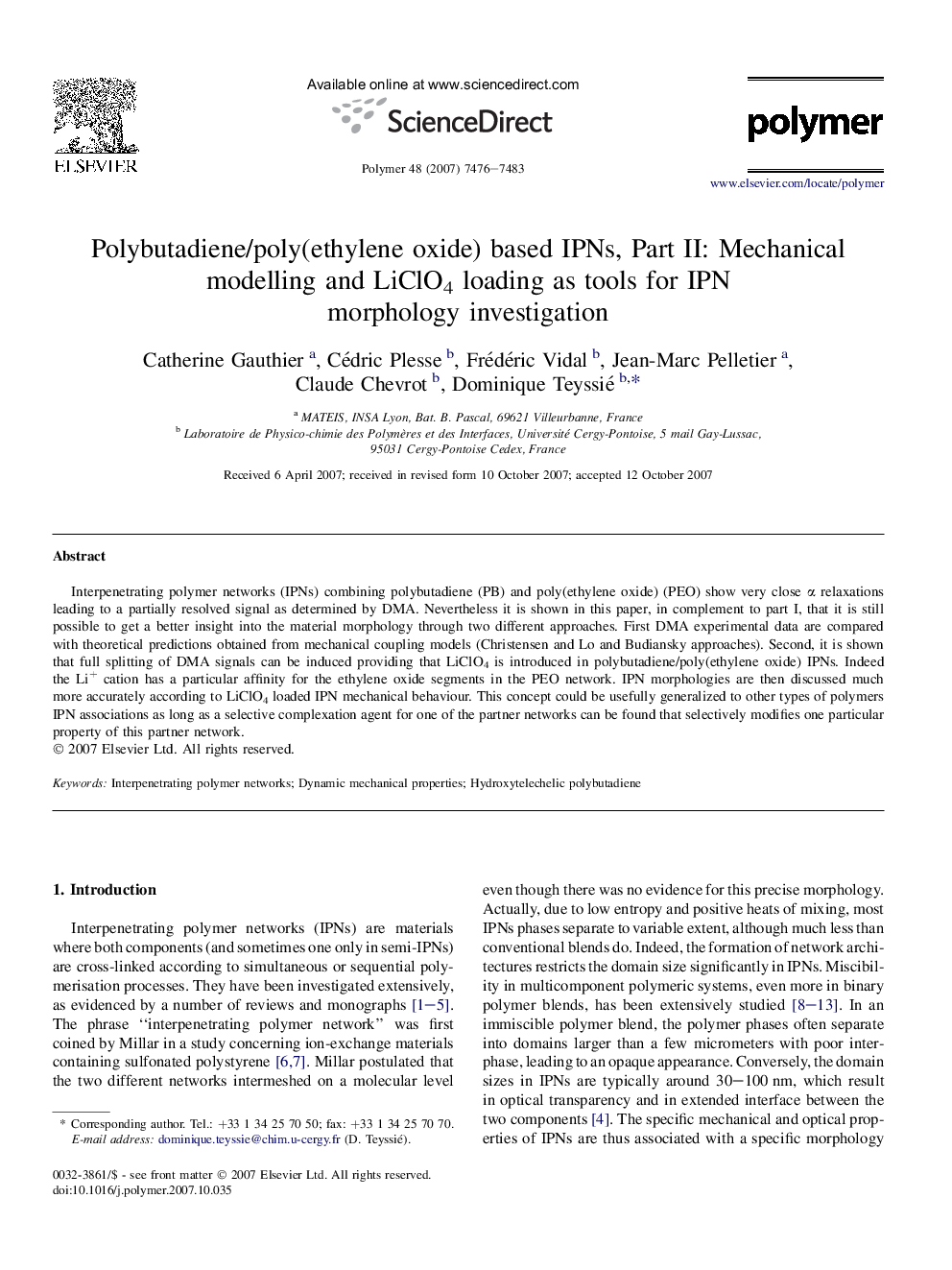 Polybutadiene/poly(ethylene oxide) based IPNs, Part II: Mechanical modelling and LiClO4 loading as tools for IPN morphology investigation