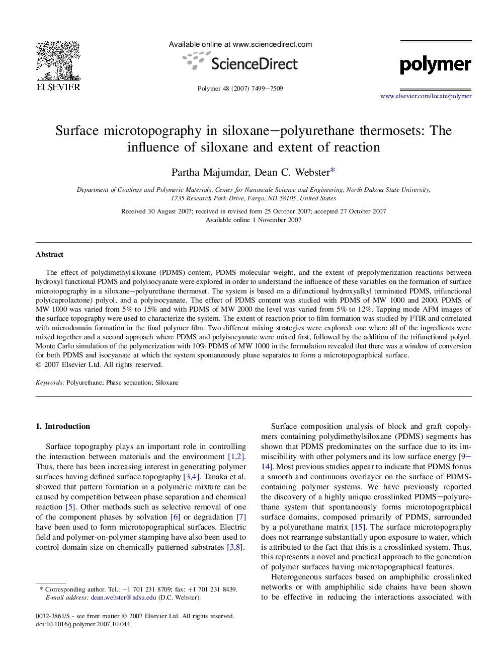 Surface microtopography in siloxane-polyurethane thermosets: The influence of siloxane and extent of reaction