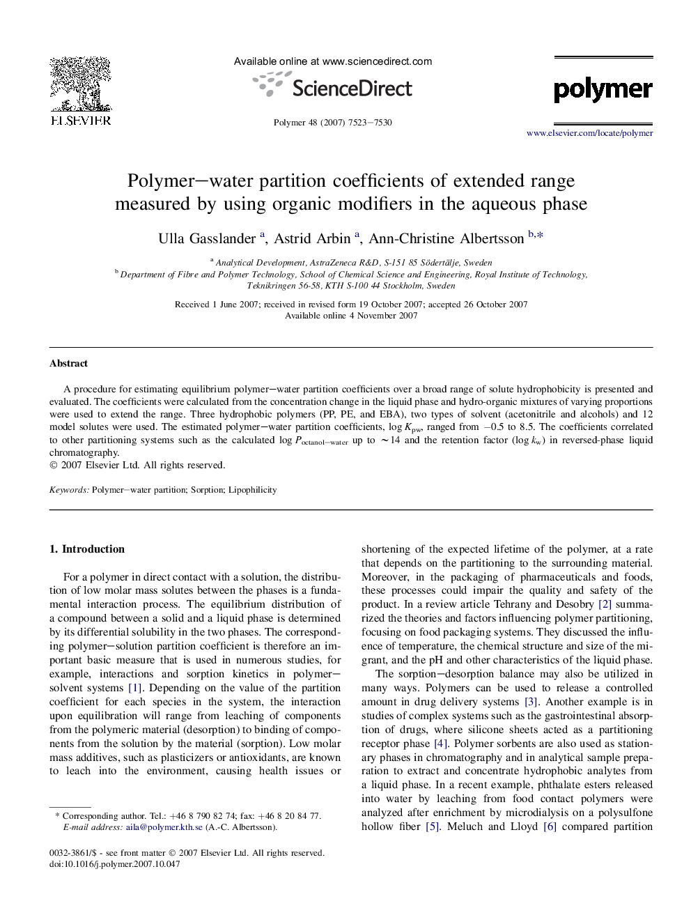 Polymer-water partition coefficients of extended range measured by using organic modifiers in the aqueous phase