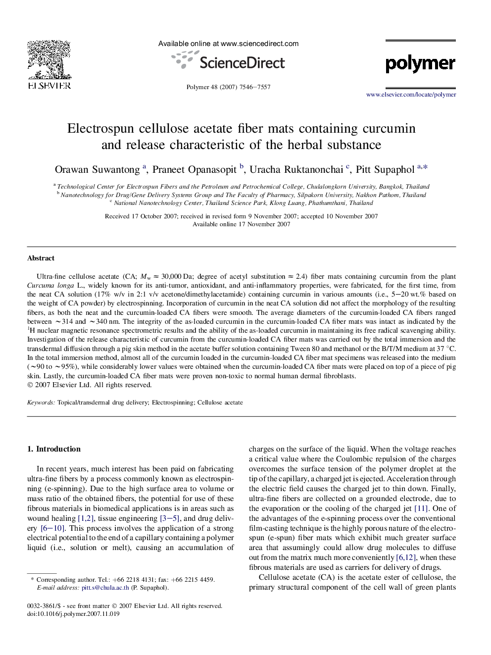 Electrospun cellulose acetate fiber mats containing curcumin and release characteristic of the herbal substance