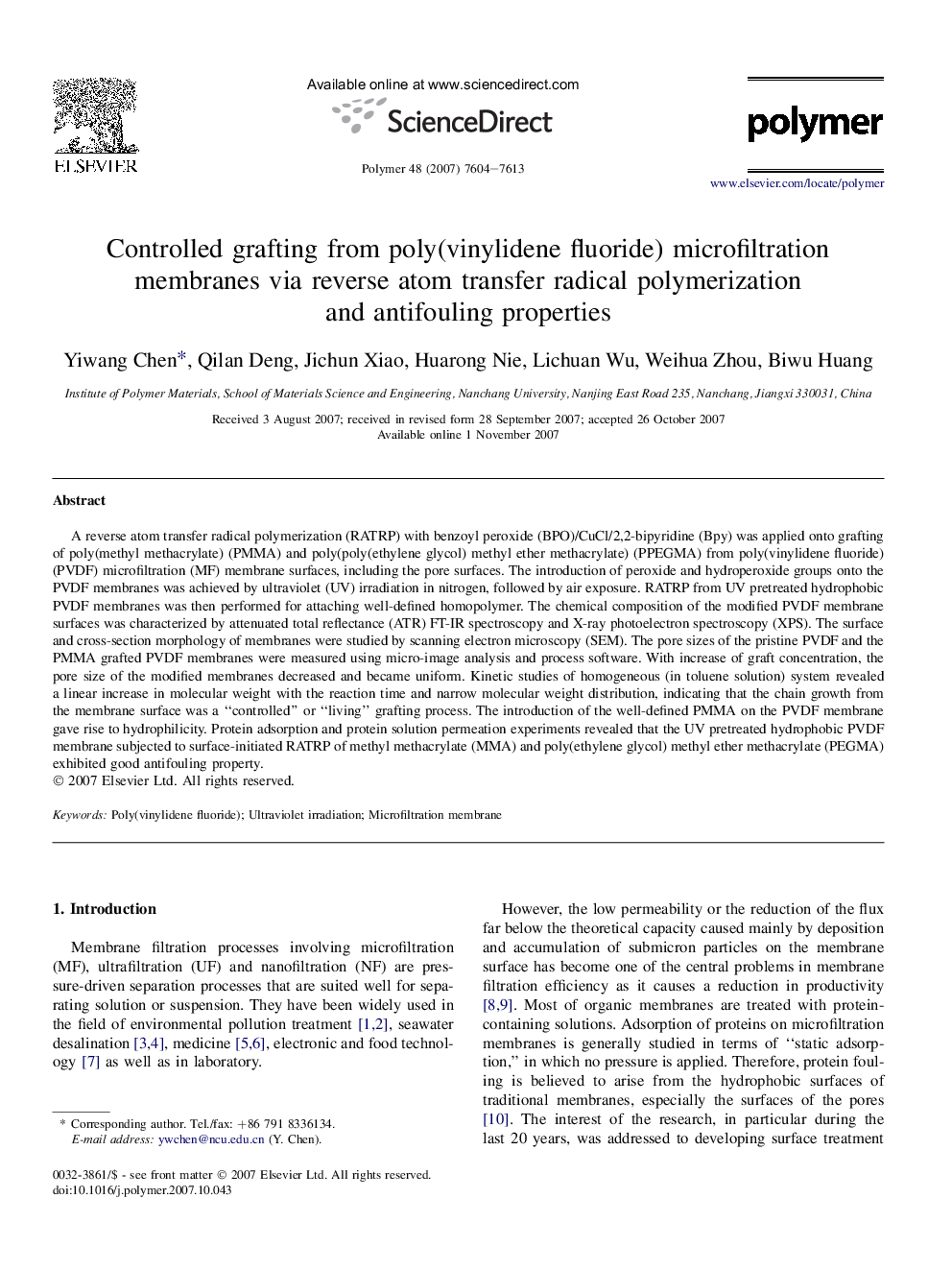 Controlled grafting from poly(vinylidene fluoride) microfiltration membranes via reverse atom transfer radical polymerization and antifouling properties