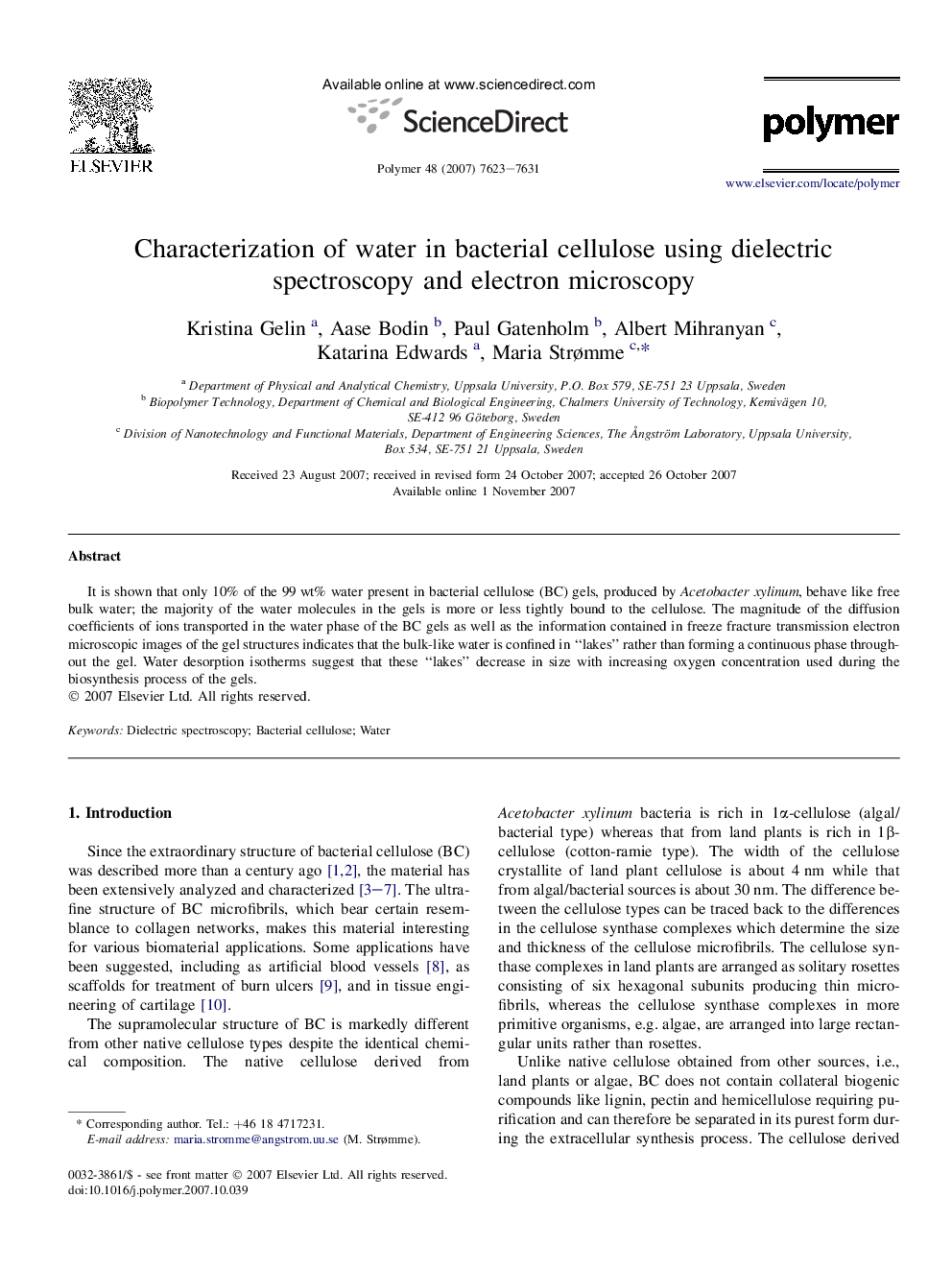 Characterization of water in bacterial cellulose using dielectric spectroscopy and electron microscopy