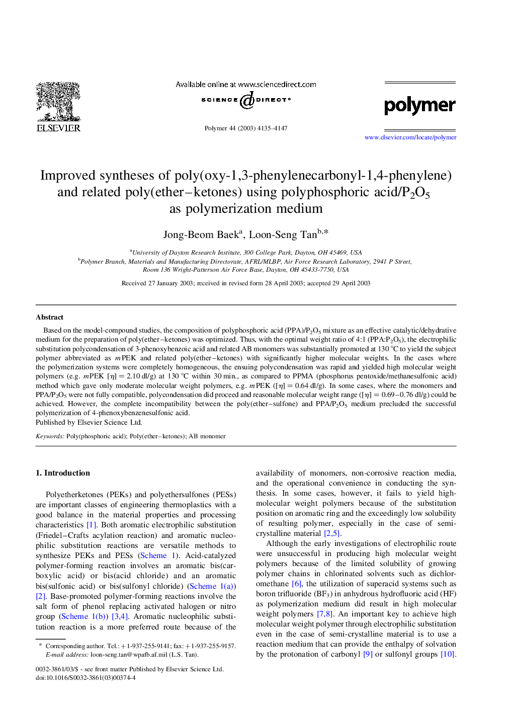 Improved syntheses of poly(oxy-1,3-phenylenecarbonyl-1,4-phenylene) and related poly(ether-ketones) using polyphosphoric acid/P2O5 as polymerization medium