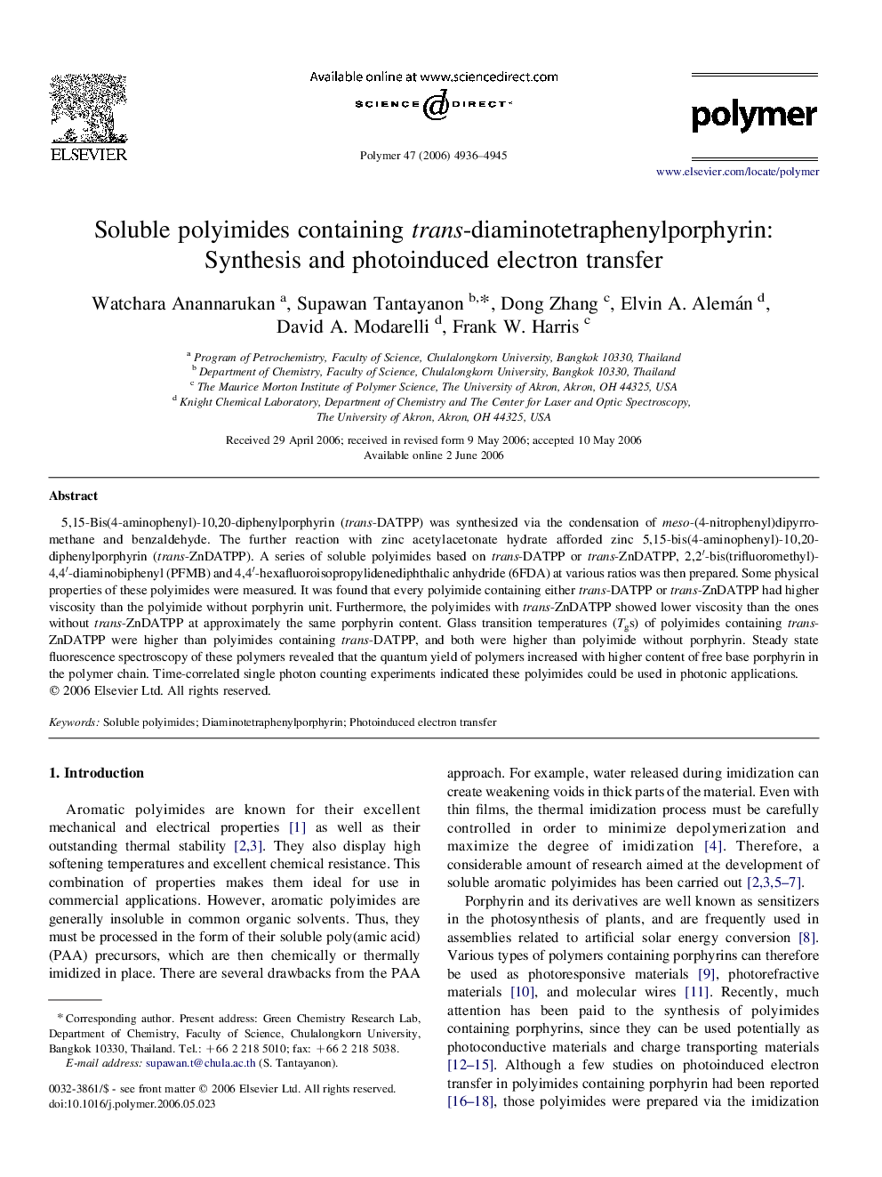 Soluble polyimides containing trans-diaminotetraphenylporphyrin: Synthesis and photoinduced electron transfer