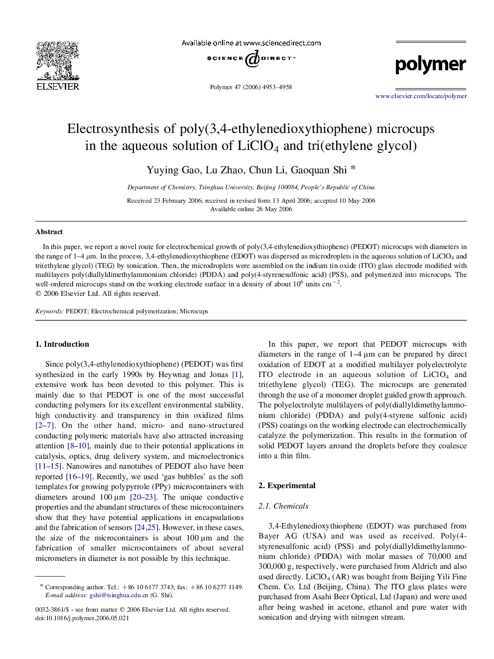 Electrosynthesis of poly(3,4-ethylenedioxythiophene) microcups in the aqueous solution of LiClO4 and tri(ethylene glycol)