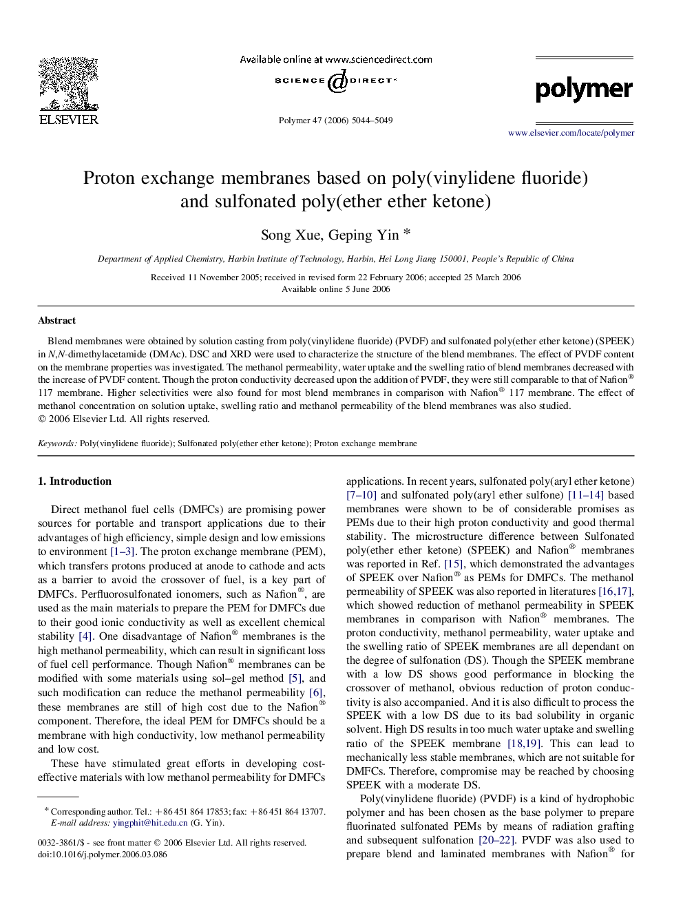 Proton exchange membranes based on poly(vinylidene fluoride) and sulfonated poly(ether ether ketone)