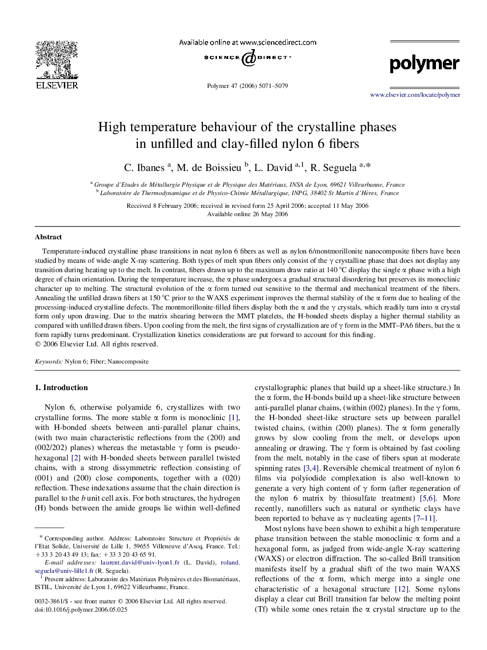 High temperature behaviour of the crystalline phases in unfilled and clay-filled nylon 6 fibers