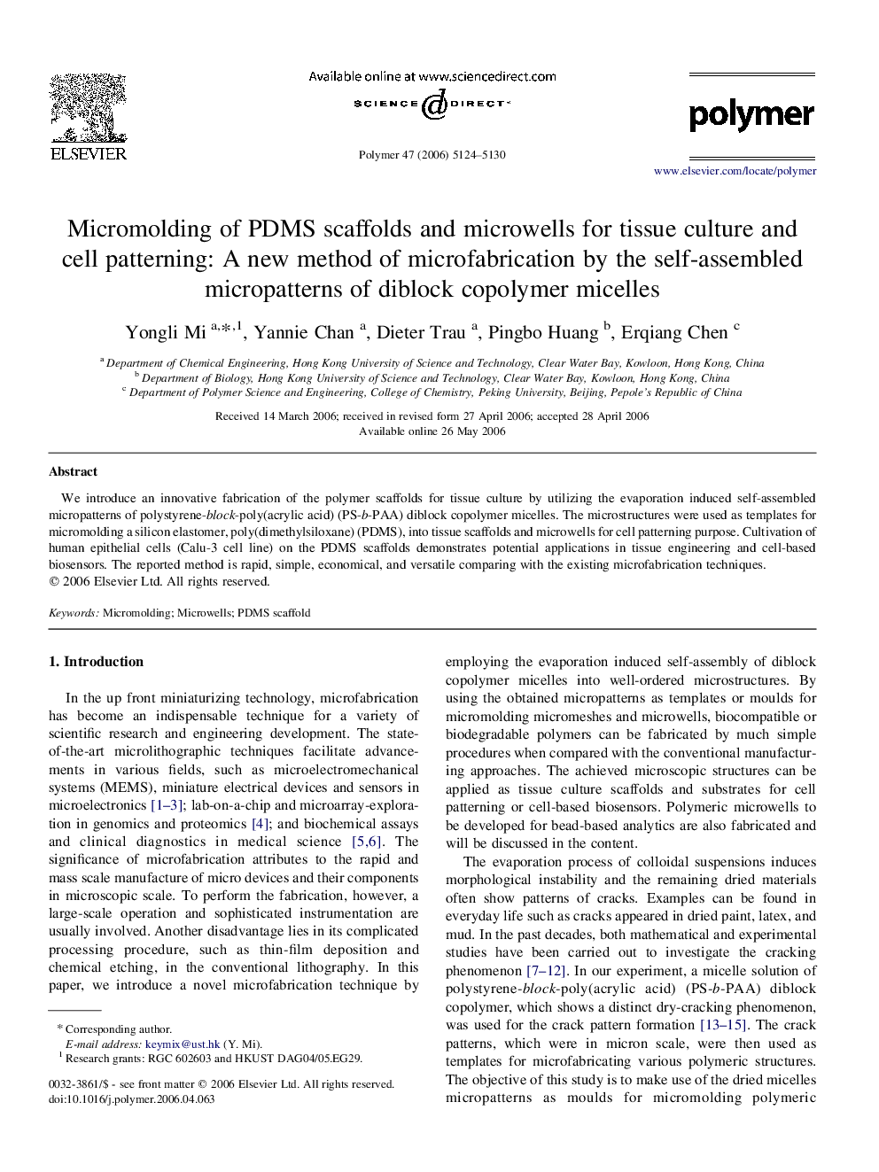 Micromolding of PDMS scaffolds and microwells for tissue culture and cell patterning: A new method of microfabrication by the self-assembled micropatterns of diblock copolymer micelles