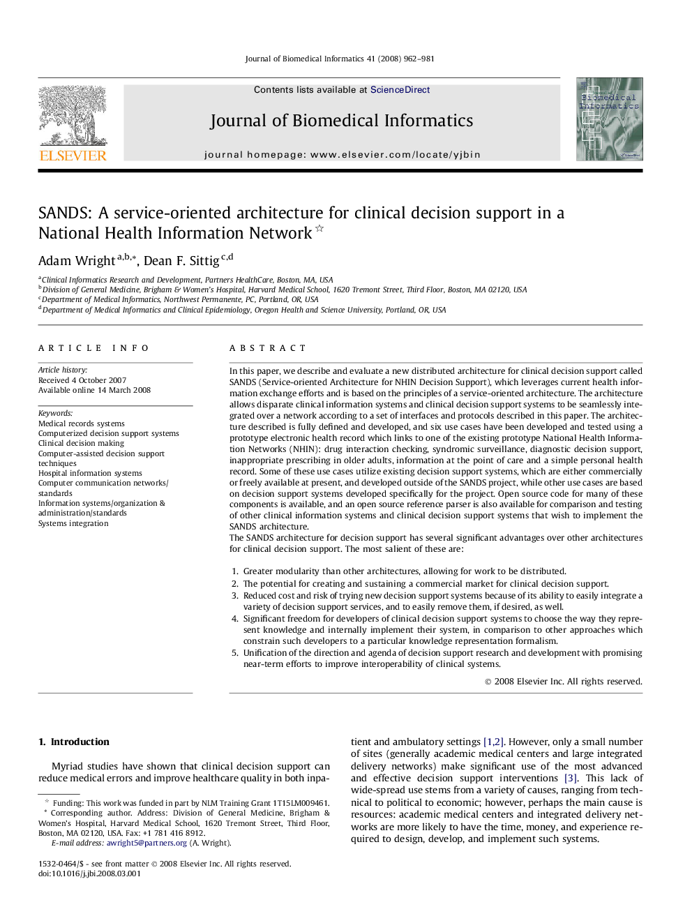 SANDS: A service-oriented architecture for clinical decision support in a National Health Information Network 