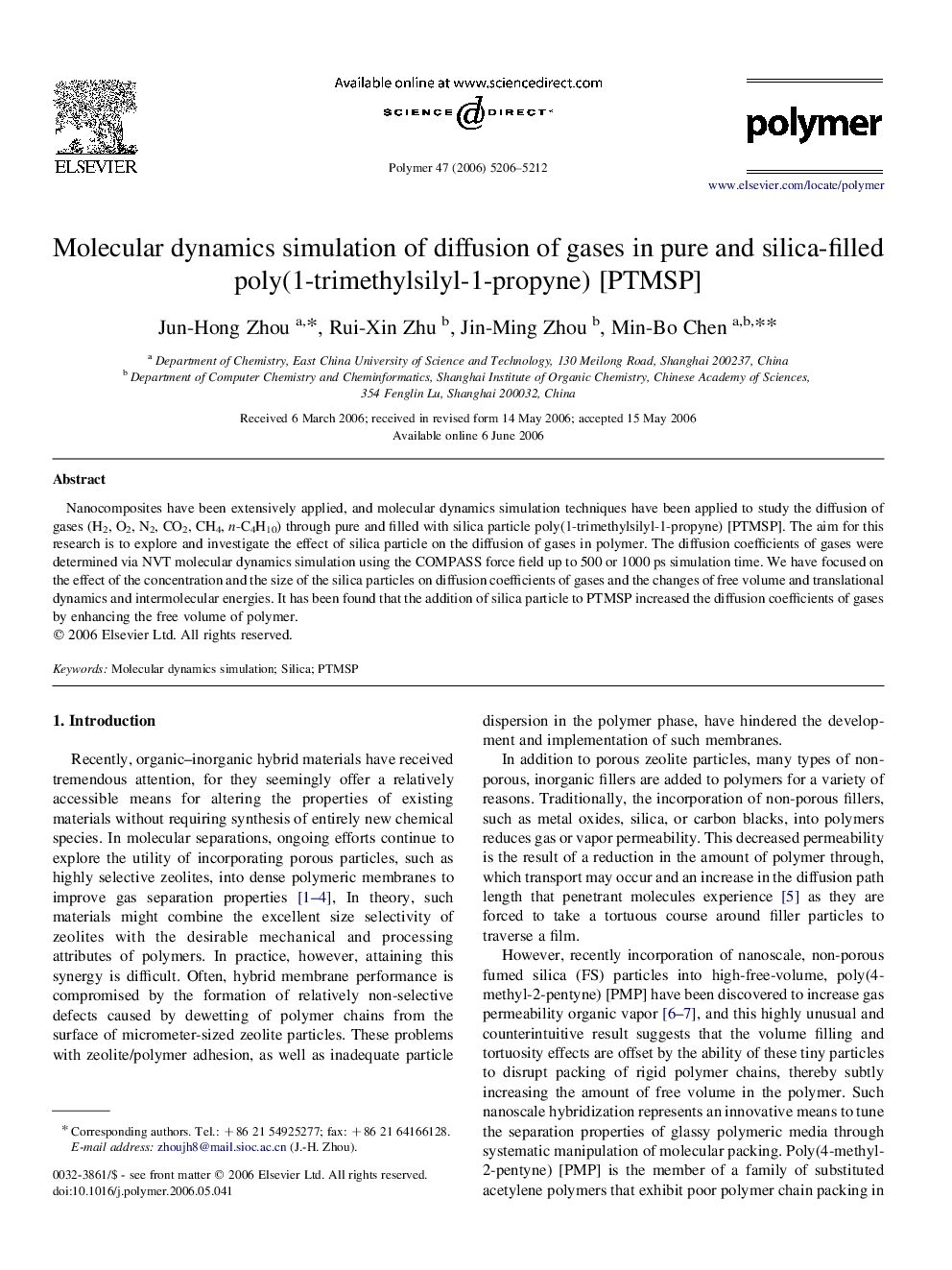 Molecular dynamics simulation of diffusion of gases in pure and silica-filled poly(1-trimethylsilyl-1-propyne) [PTMSP]