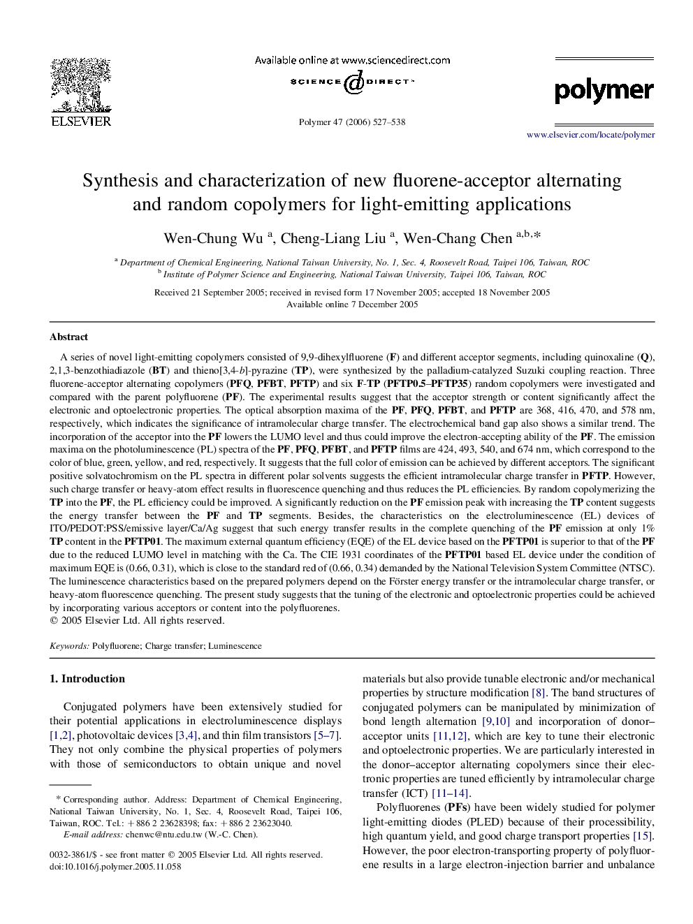 Synthesis and characterization of new fluorene-acceptor alternating and random copolymers for light-emitting applications