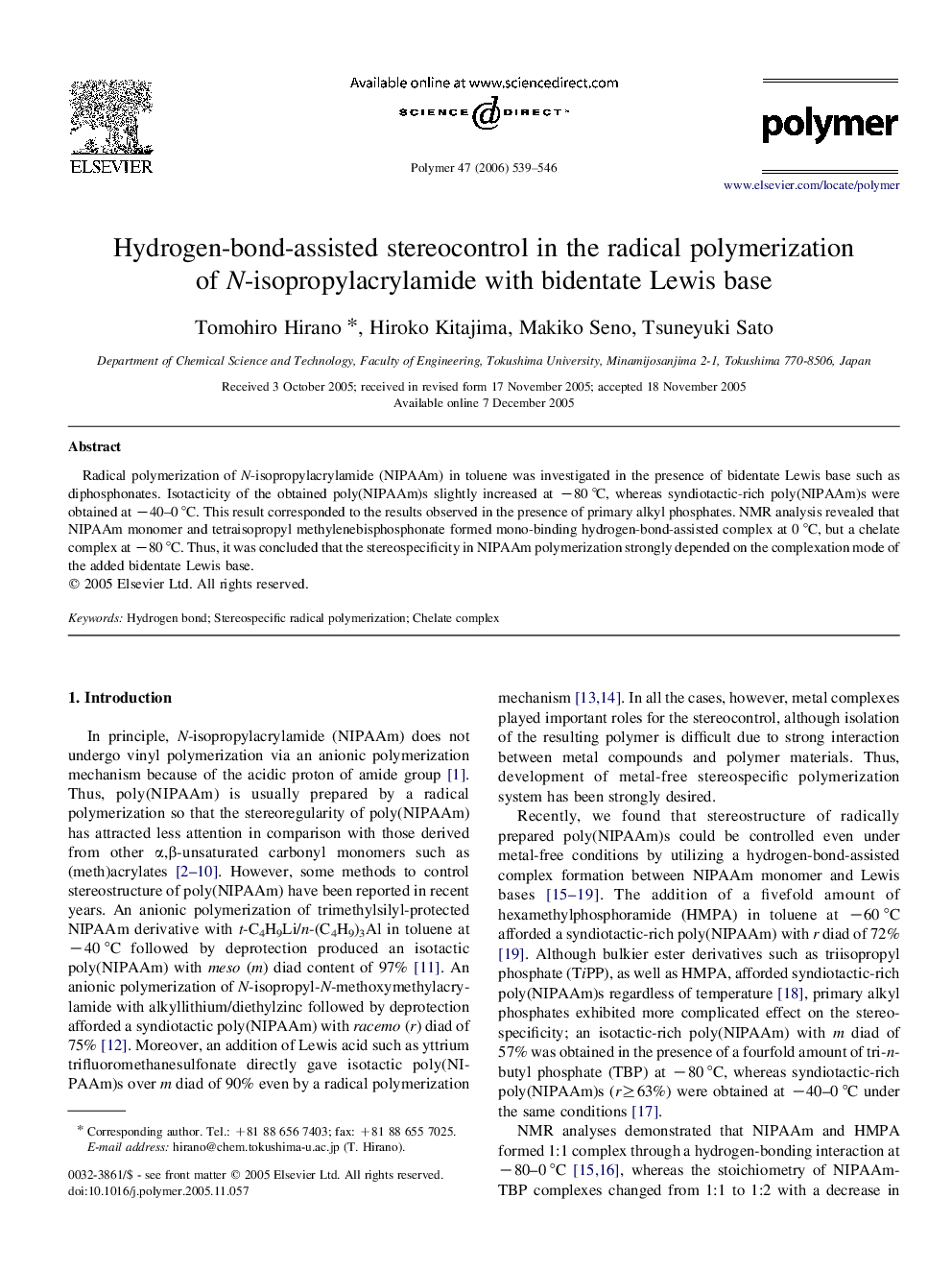 Hydrogen-bond-assisted stereocontrol in the radical polymerization of N-isopropylacrylamide with bidentate Lewis base