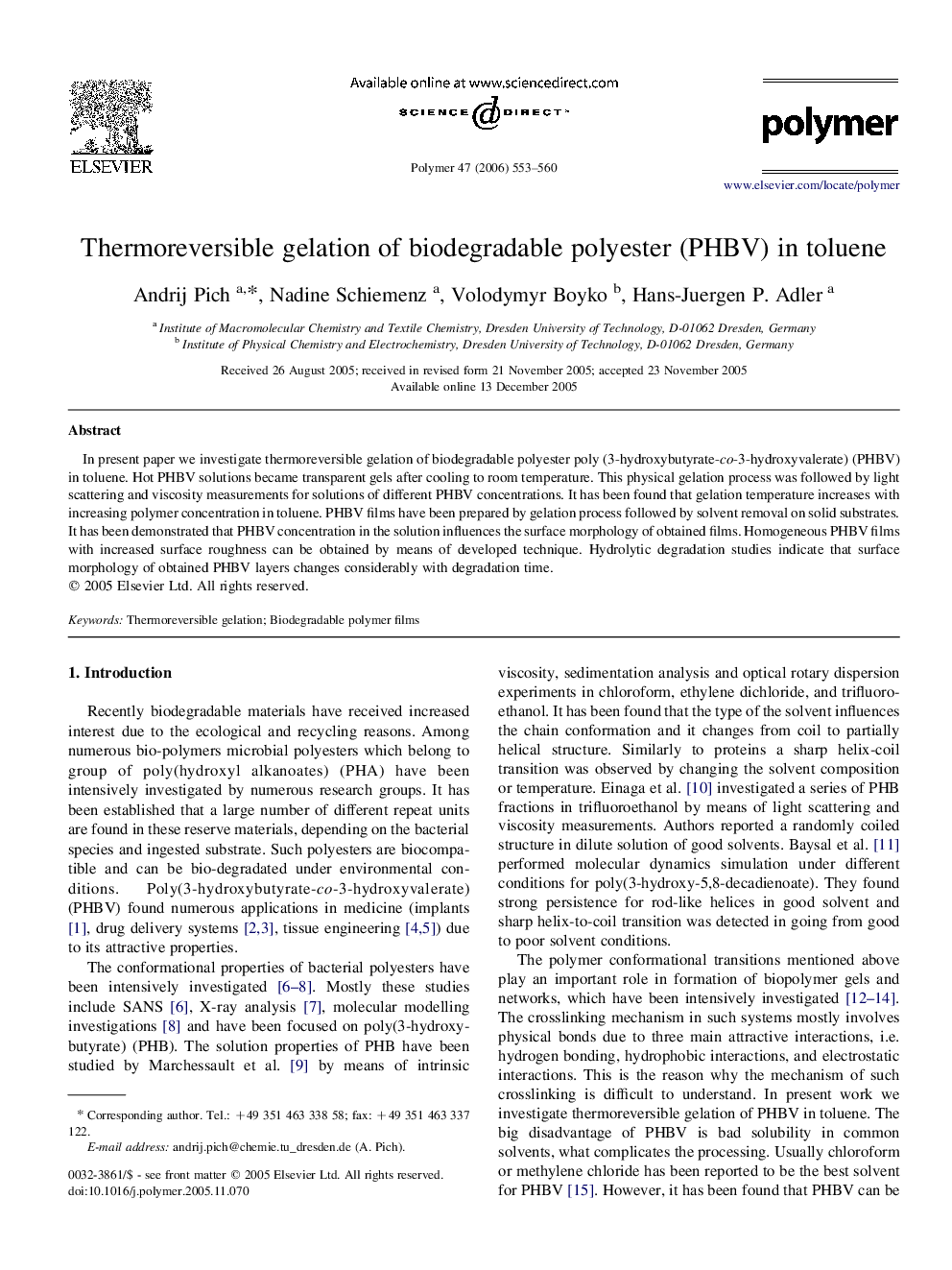Thermoreversible gelation of biodegradable polyester (PHBV) in toluene