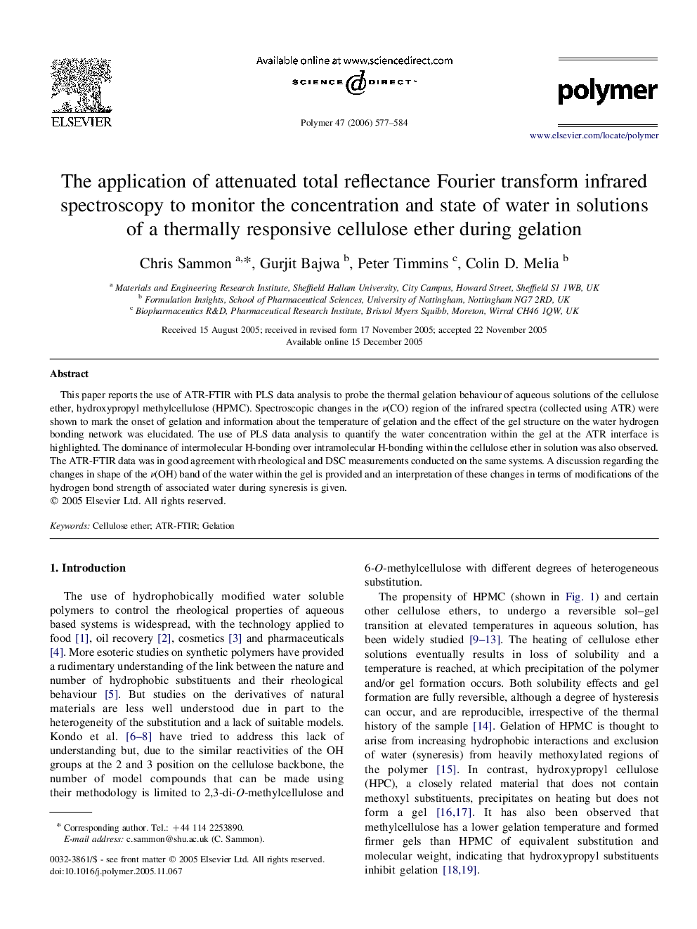 The application of attenuated total reflectance Fourier transform infrared spectroscopy to monitor the concentration and state of water in solutions of a thermally responsive cellulose ether during gelation