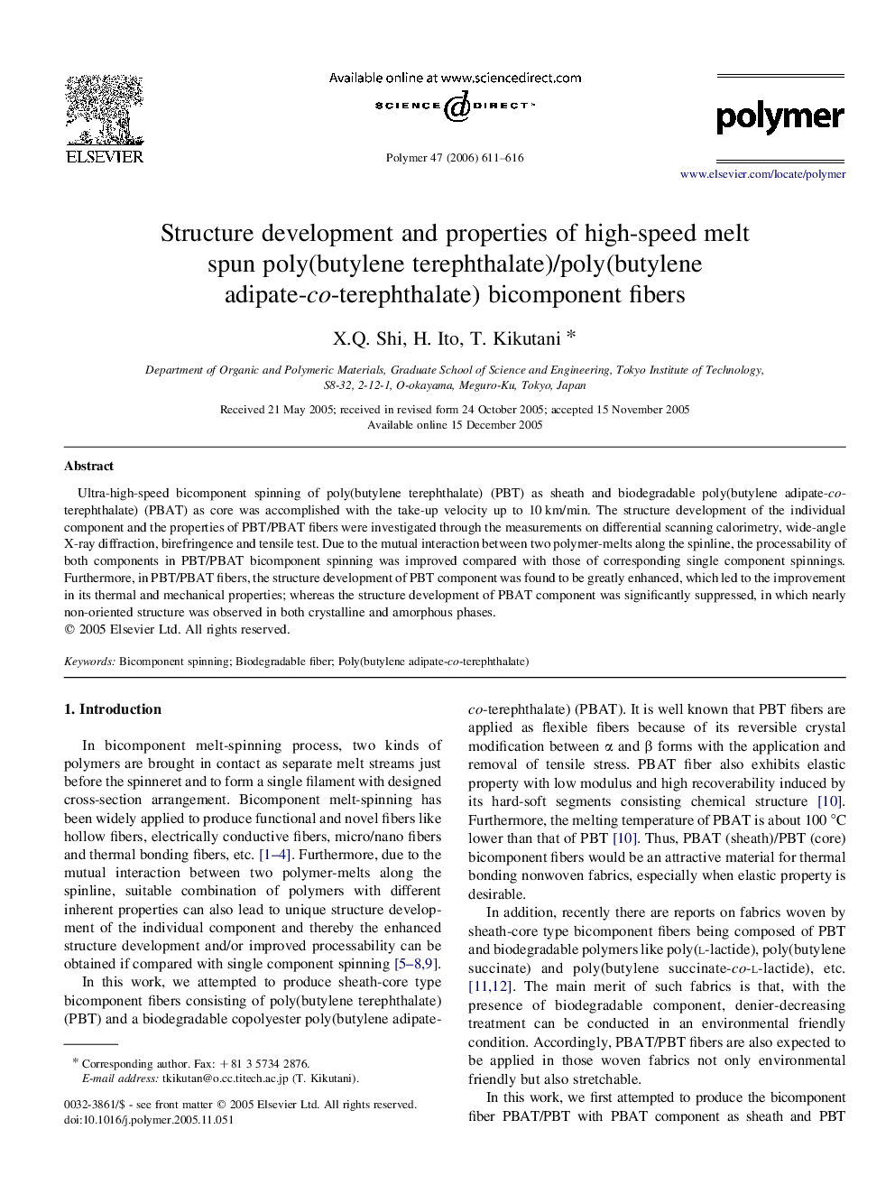 Structure development and properties of high-speed melt spun poly(butylene terephthalate)/poly(butylene adipate-co-terephthalate) bicomponent fibers