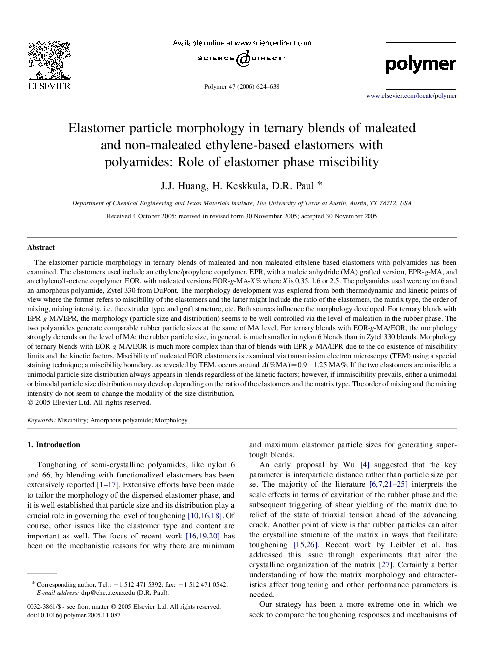 Elastomer particle morphology in ternary blends of maleated and non-maleated ethylene-based elastomers with polyamides: Role of elastomer phase miscibility