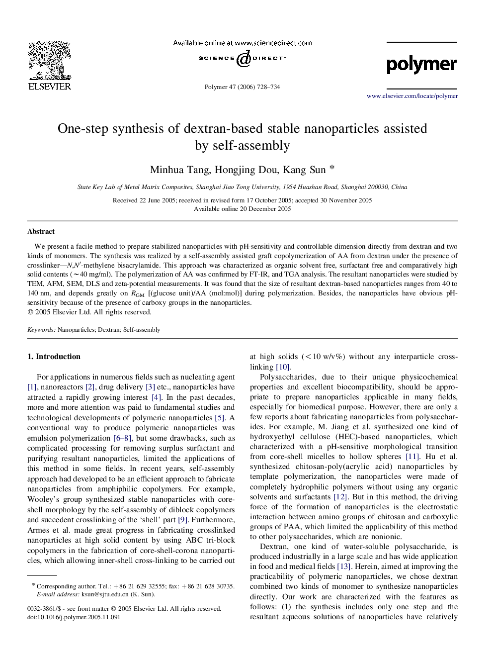 One-step synthesis of dextran-based stable nanoparticles assisted by self-assembly