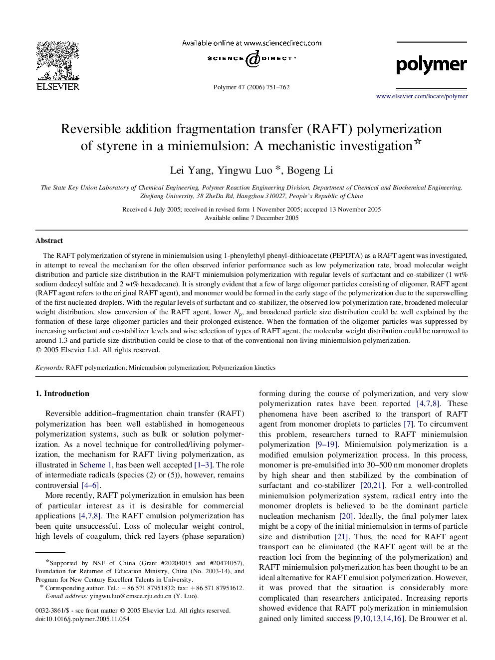 Reversible addition fragmentation transfer (RAFT) polymerization of styrene in a miniemulsion: A mechanistic investigation