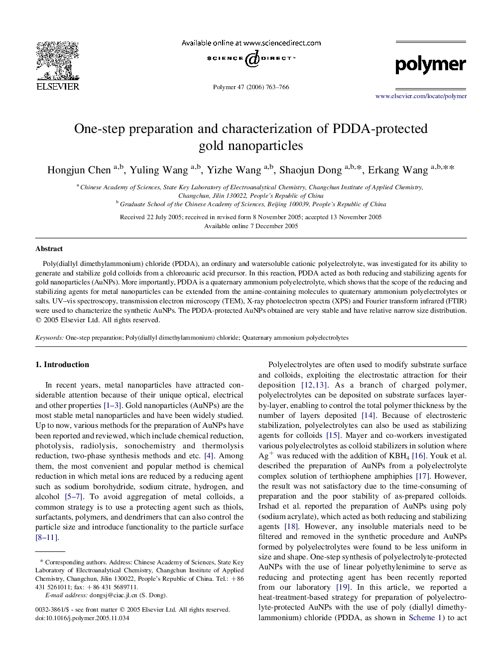 One-step preparation and characterization of PDDA-protected gold nanoparticles