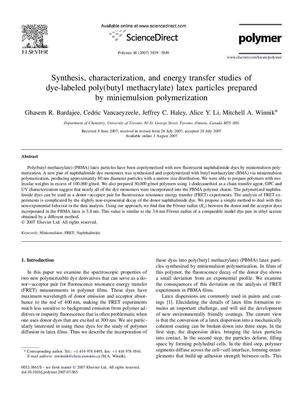 Synthesis, characterization, and energy transfer studies of dye-labeled poly(butyl methacrylate) latex particles prepared by miniemulsion polymerization