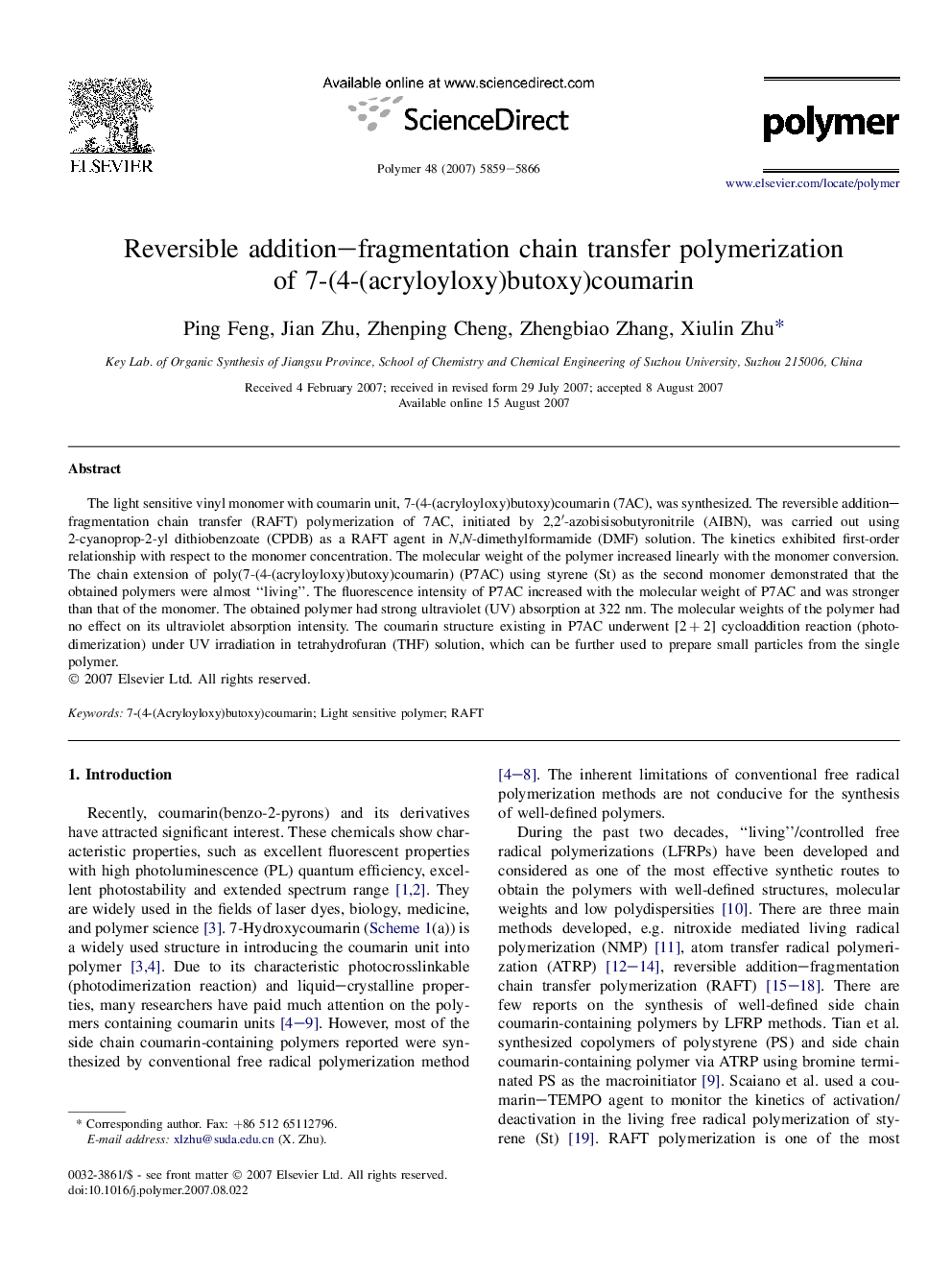 Reversible addition-fragmentation chain transfer polymerization of 7-(4-(acryloyloxy)butoxy)coumarin