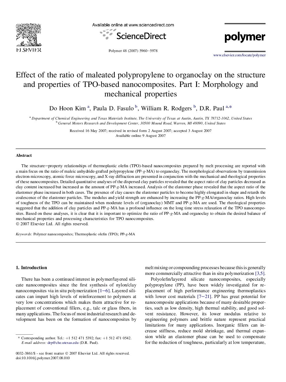 Effect of the ratio of maleated polypropylene to organoclay on the structure and properties of TPO-based nanocomposites. Part I: Morphology and mechanical properties