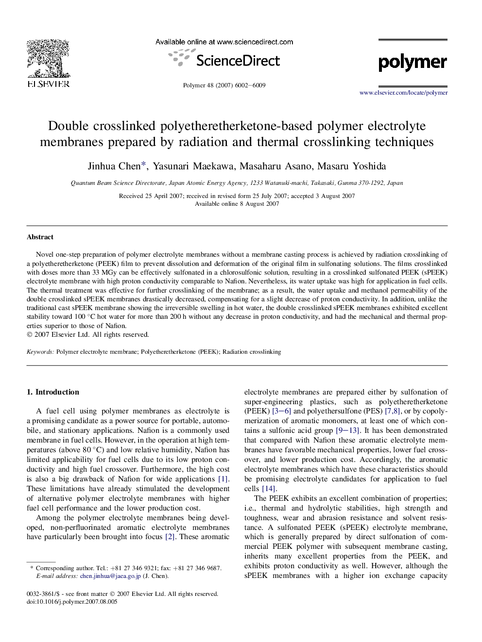 Double crosslinked polyetheretherketone-based polymer electrolyte membranes prepared by radiation and thermal crosslinking techniques