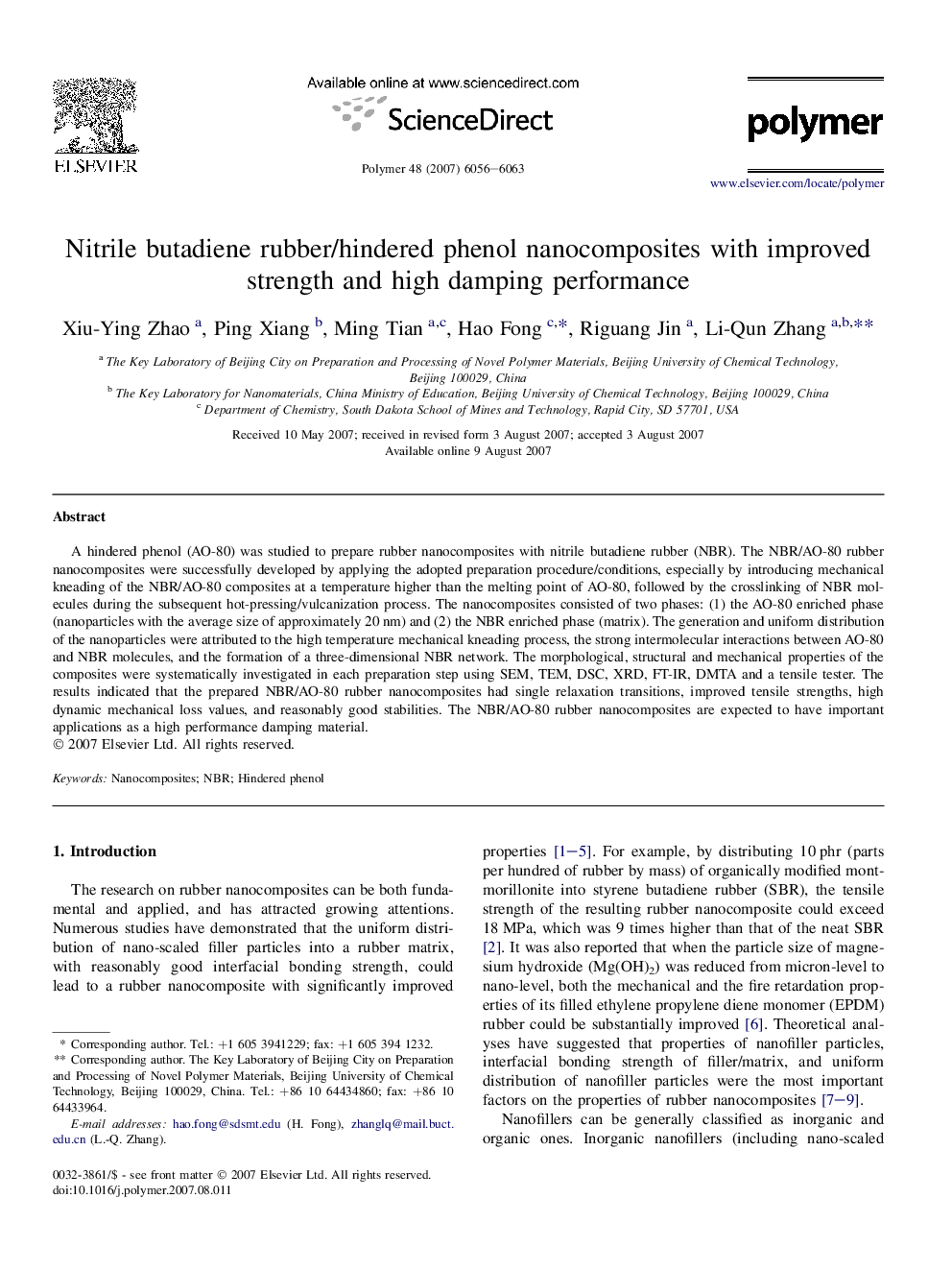 Nitrile butadiene rubber/hindered phenol nanocomposites with improved strength and high damping performance