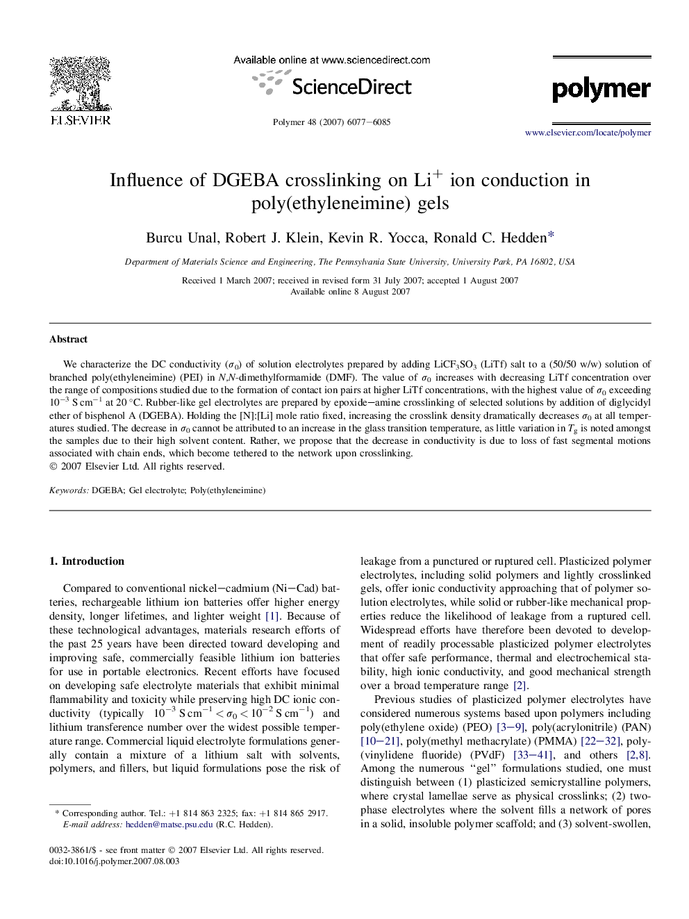 Influence of DGEBA crosslinking on Li+ ion conduction in poly(ethyleneimine) gels
