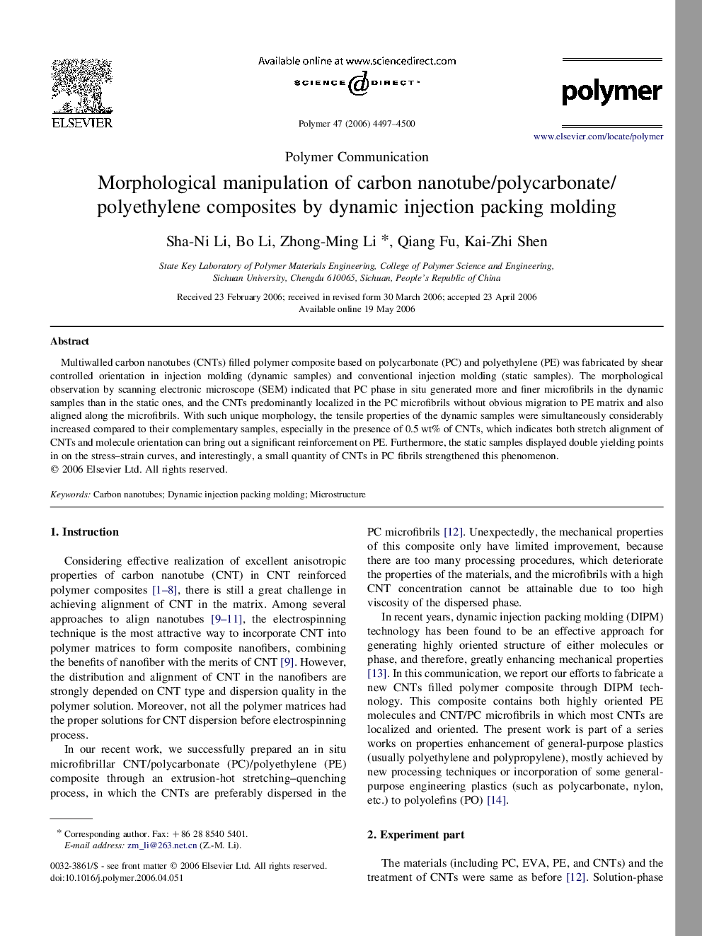 Morphological manipulation of carbon nanotube/polycarbonate/polyethylene composites by dynamic injection packing molding