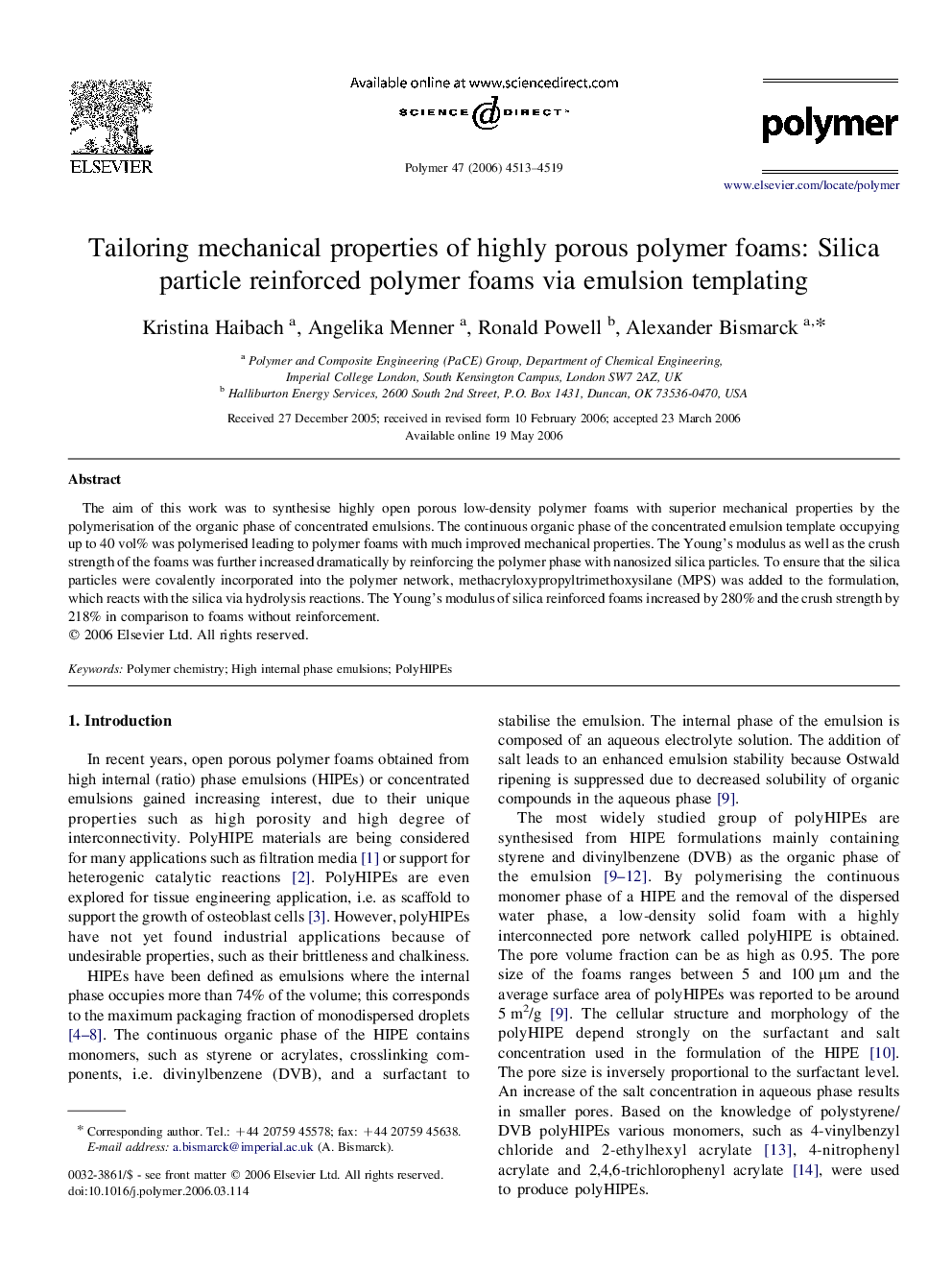 Tailoring mechanical properties of highly porous polymer foams: Silica particle reinforced polymer foams via emulsion templating