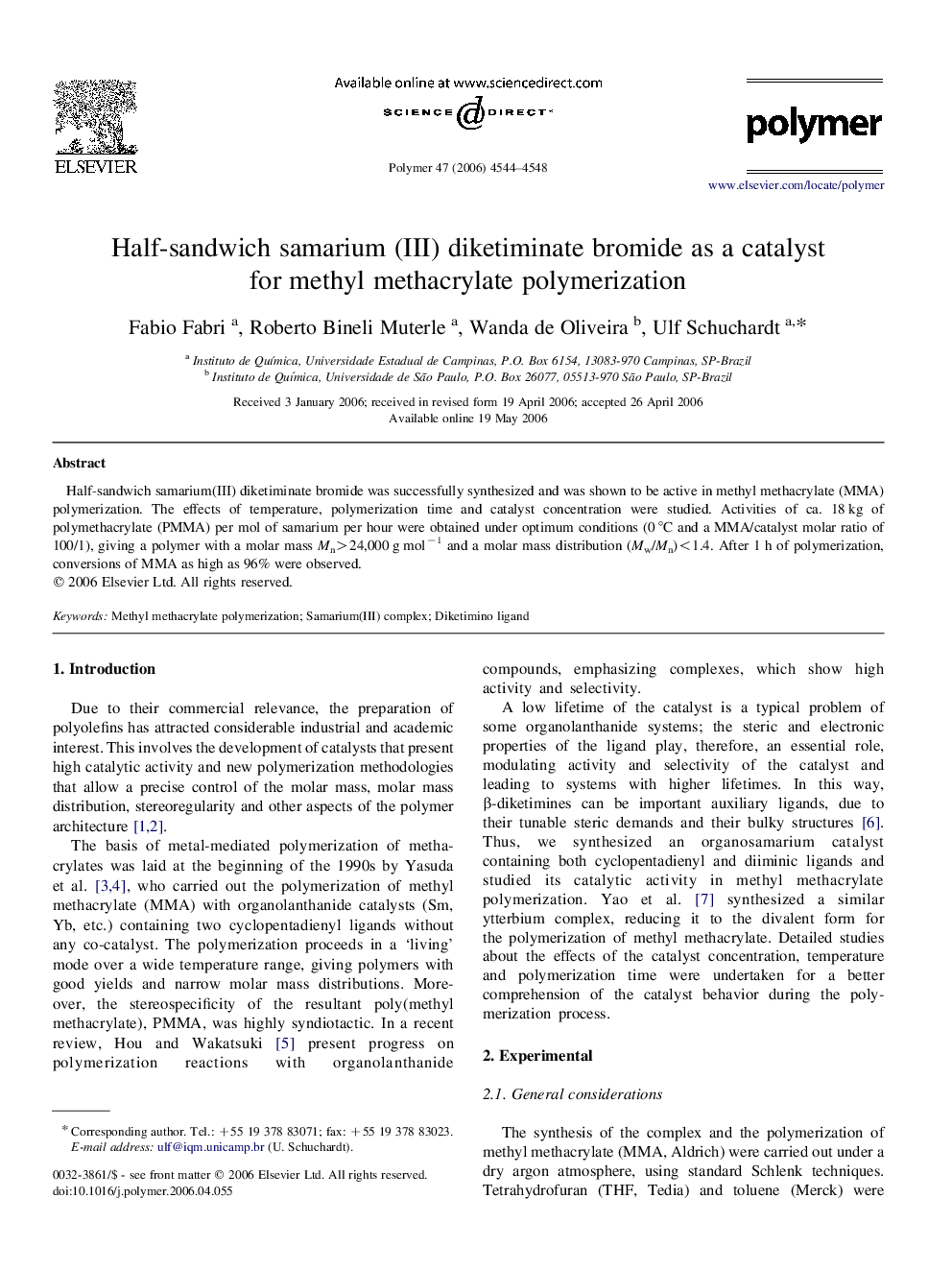 Half-sandwich samarium (III) diketiminate bromide as a catalyst for methyl methacrylate polymerization