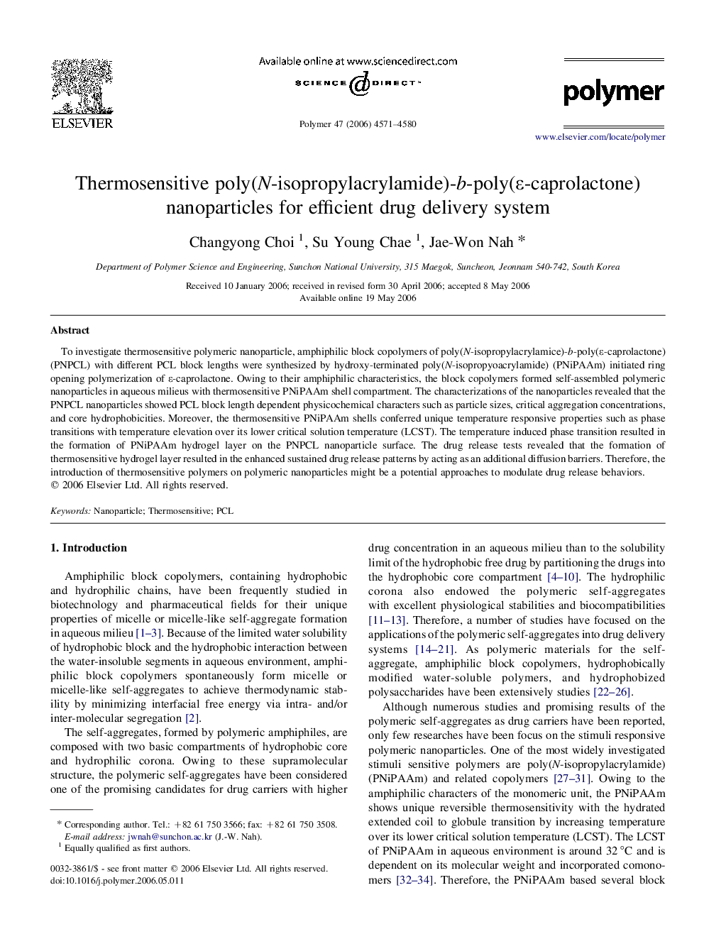 Thermosensitive poly(N-isopropylacrylamide)-b-poly(Îµ-caprolactone) nanoparticles for efficient drug delivery system