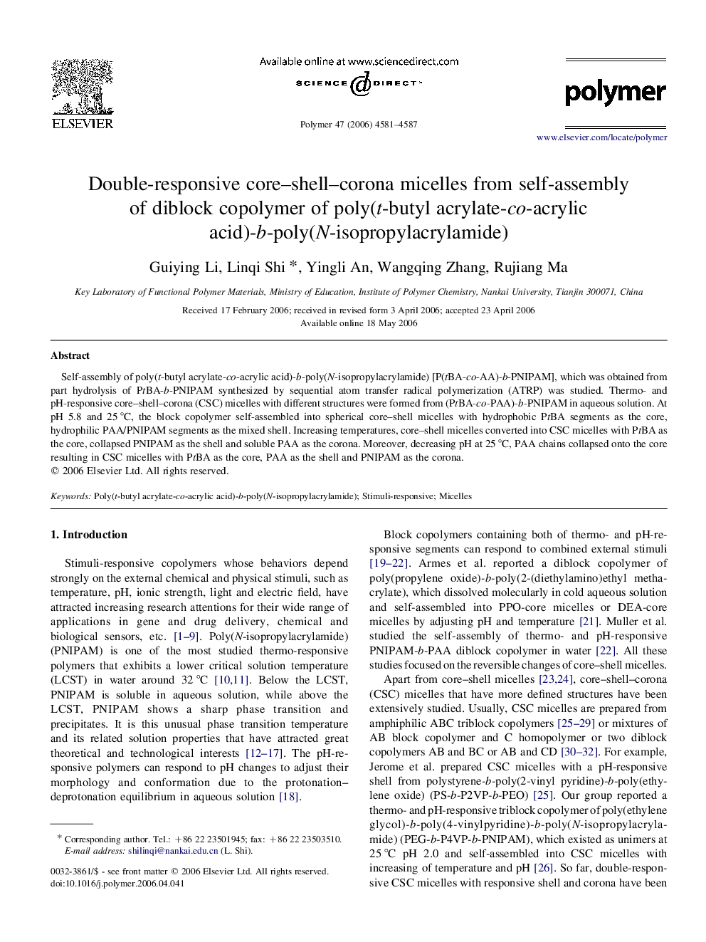 Double-responsive core-shell-corona micelles from self-assembly of diblock copolymer of poly(t-butyl acrylate-co-acrylic acid)-b-poly(N-isopropylacrylamide)