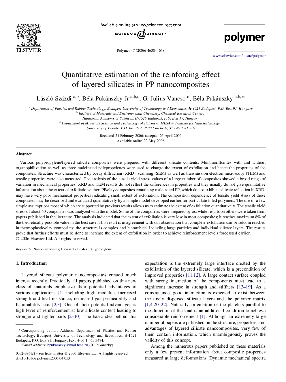 Quantitative estimation of the reinforcing effect of layered silicates in PP nanocomposites