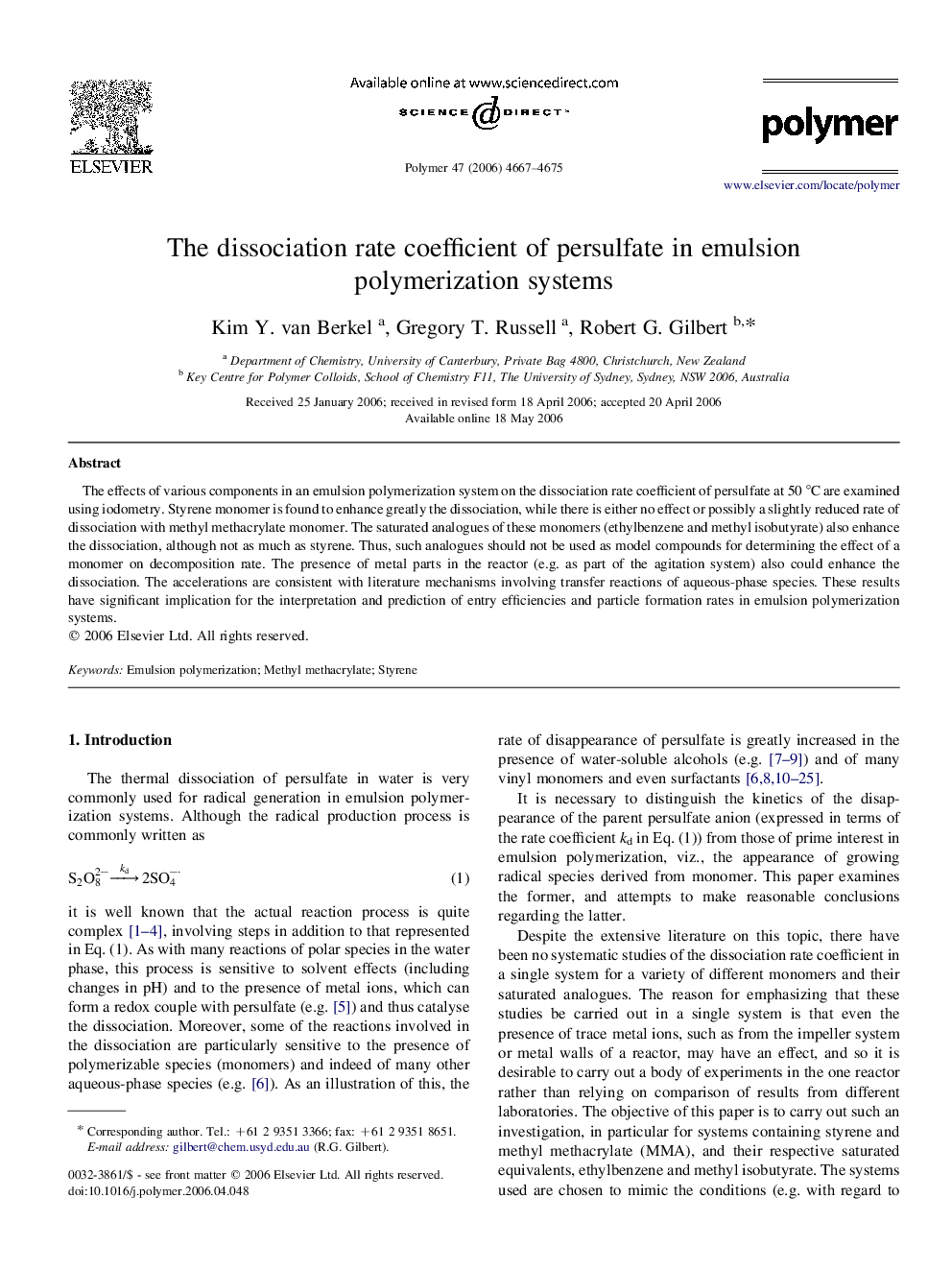 The dissociation rate coefficient of persulfate in emulsion polymerization systems