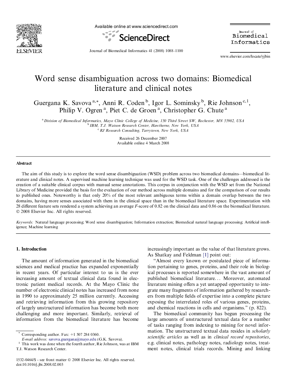 Word sense disambiguation across two domains: Biomedical literature and clinical notes