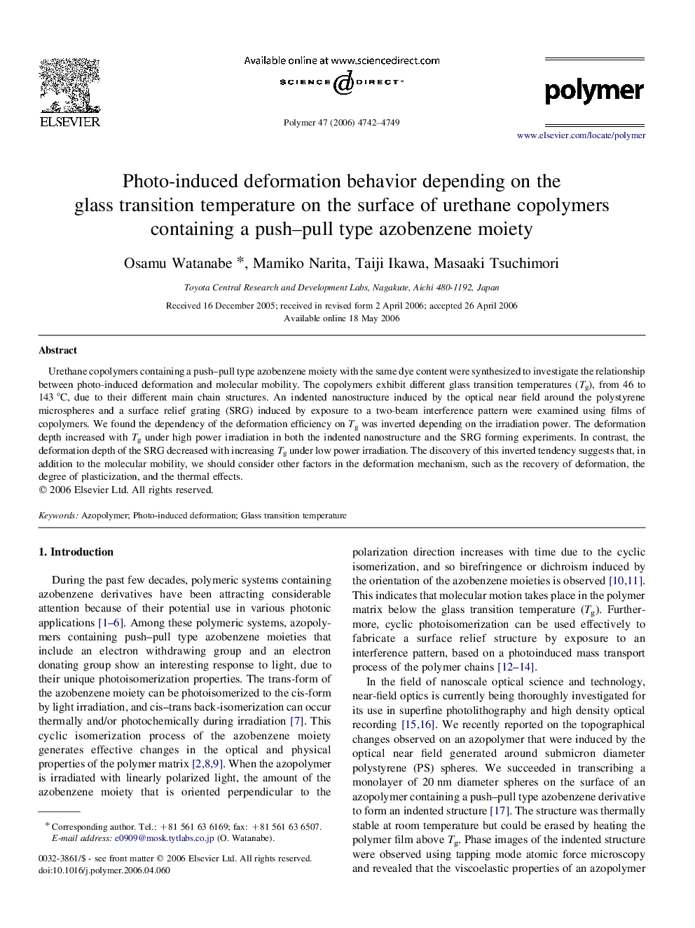 Photo-induced deformation behavior depending on the glass transition temperature on the surface of urethane copolymers containing a push-pull type azobenzene moiety