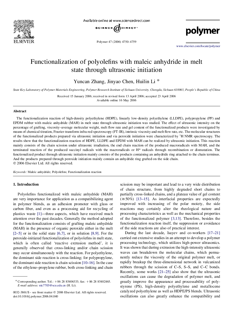 Functionalization of polyolefins with maleic anhydride in melt state through ultrasonic initiation