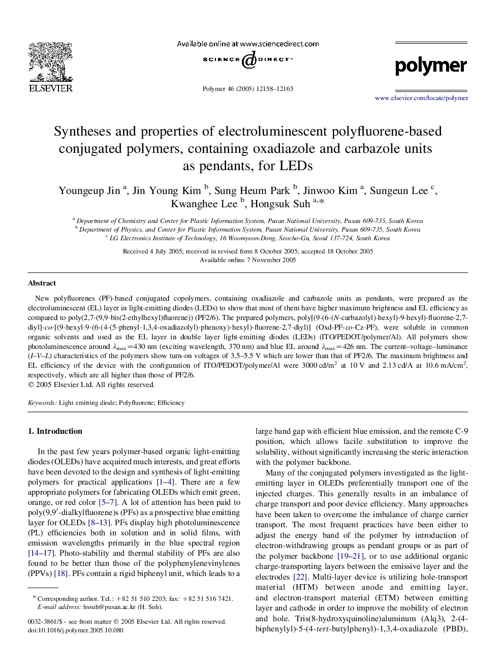 Syntheses and properties of electroluminescent polyfluorene-based conjugated polymers, containing oxadiazole and carbazole units as pendants, for LEDs