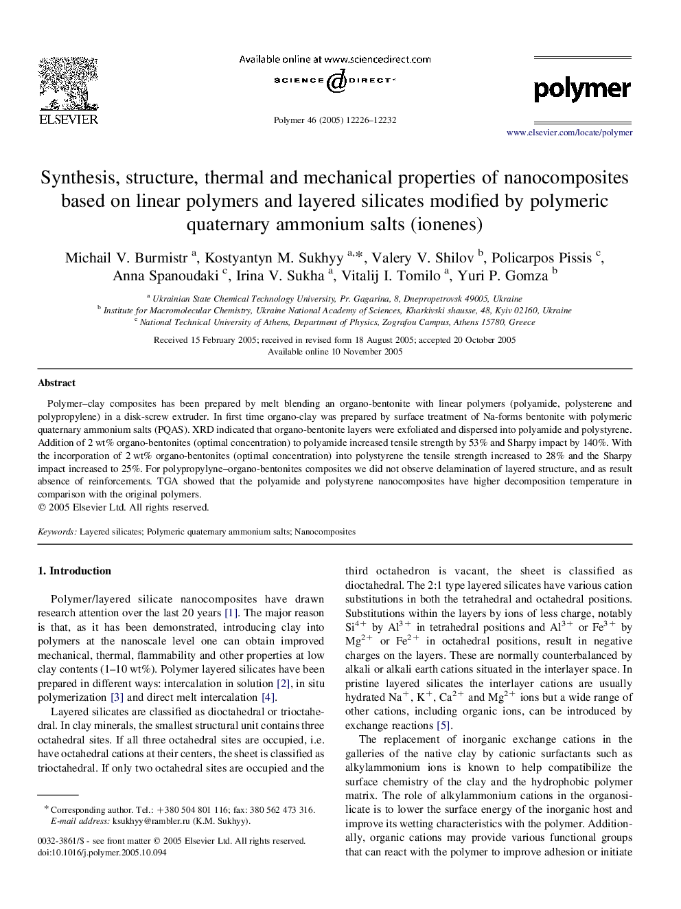 Synthesis, structure, thermal and mechanical properties of nanocomposites based on linear polymers and layered silicates modified by polymeric quaternary ammonium salts (ionenes)